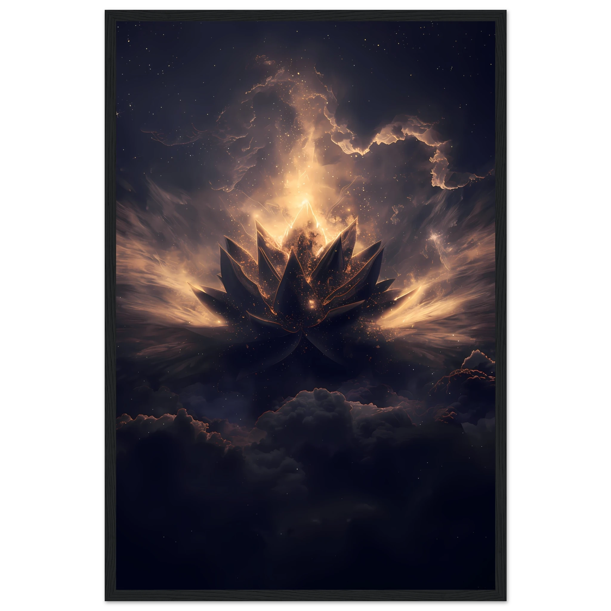 Cosmic lotus nebula in violet and gold with radiant light rays on a starfield — premium modern wall art for serene interiors.