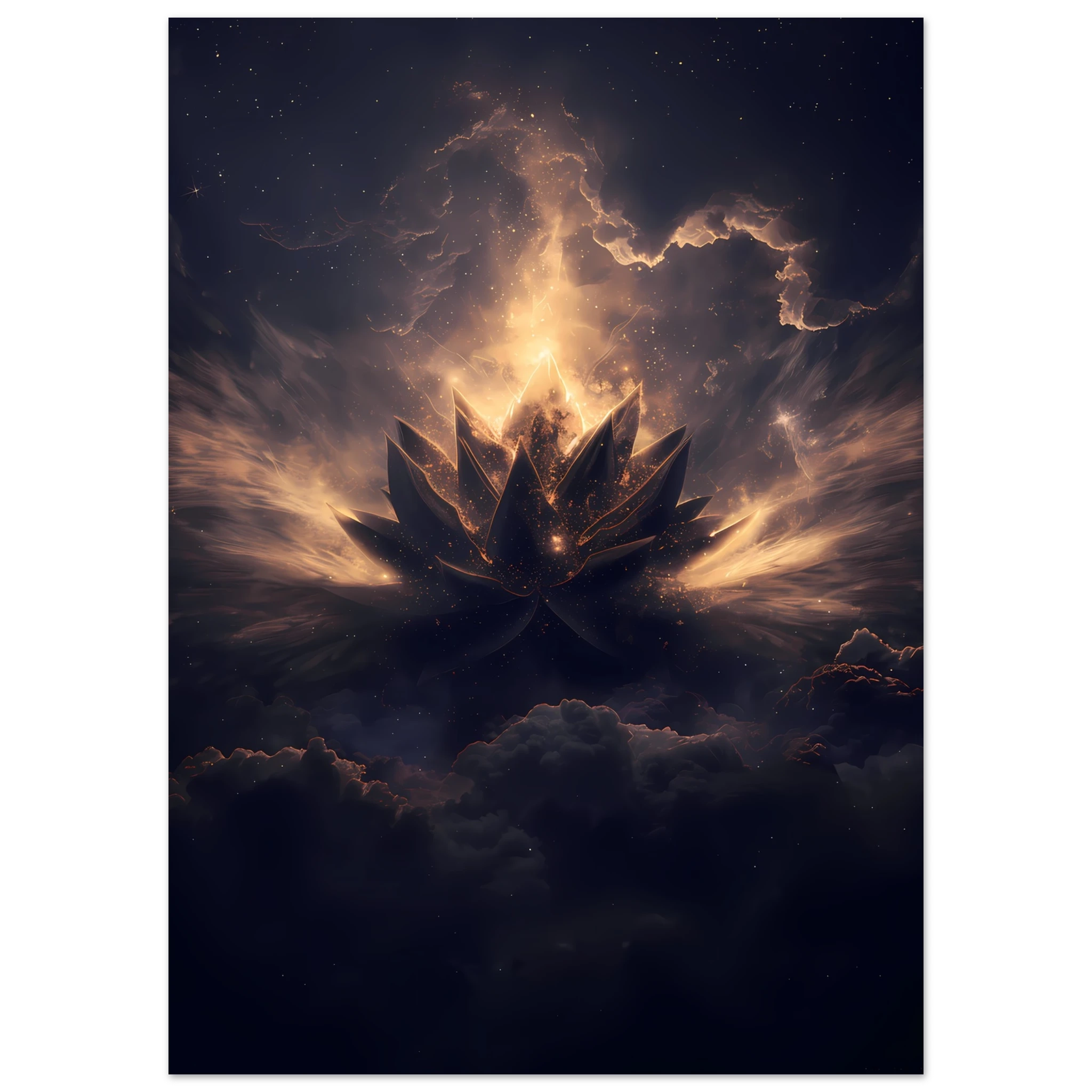 Cosmic lotus nebula in violet and gold with radiant light rays on a starfield — premium modern wall art for serene interiors.