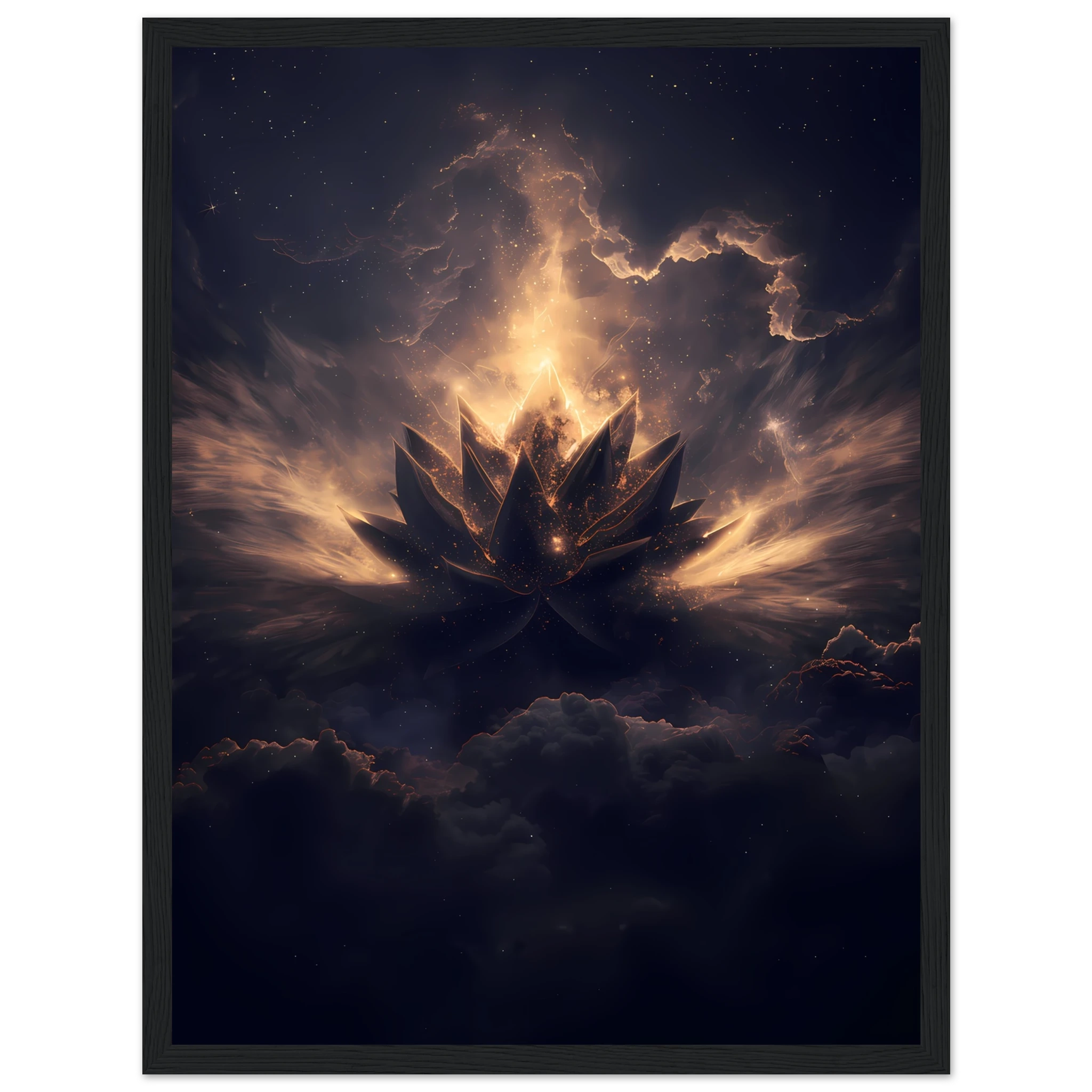 Cosmic lotus nebula in violet and gold with radiant light rays on a starfield — premium modern wall art for serene interiors.