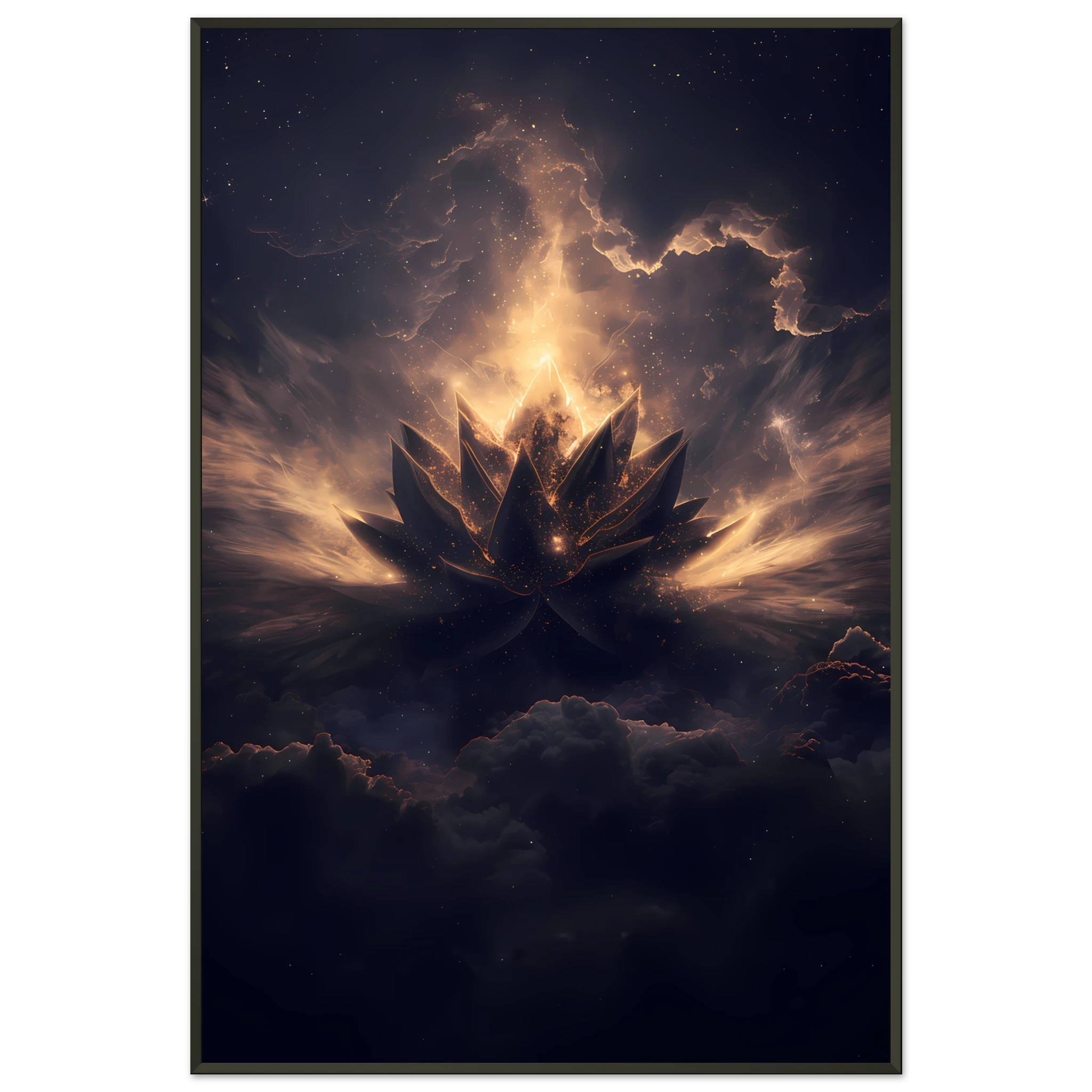 Cosmic lotus nebula in violet and gold with radiant light rays on a starfield — premium modern wall art for serene interiors.