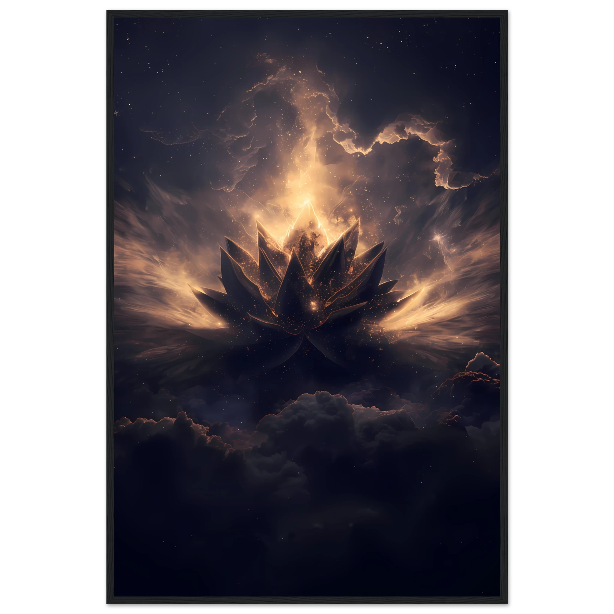 Cosmic lotus nebula in violet and gold with radiant light rays on a starfield — premium modern wall art for serene interiors.