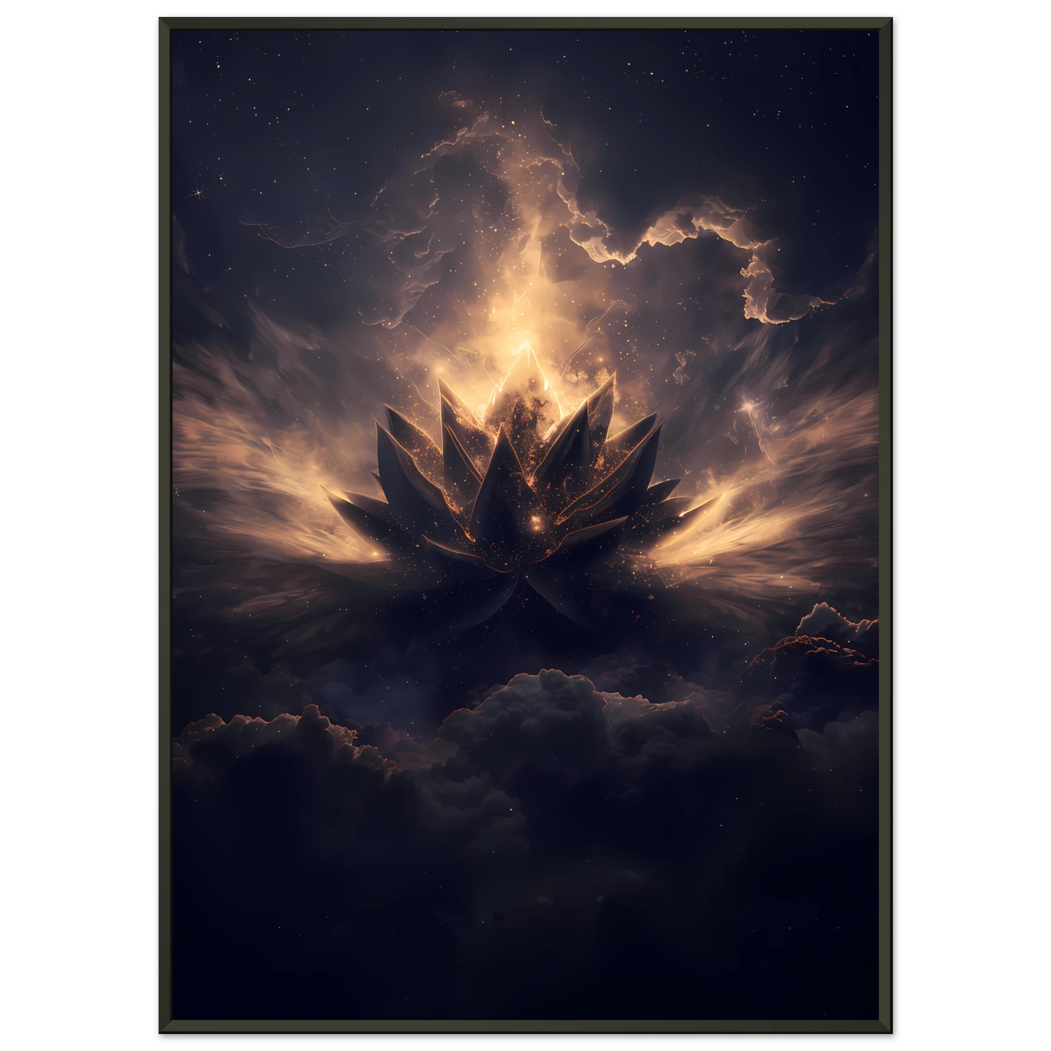 Cosmic lotus nebula in violet and gold with radiant light rays on a starfield — premium modern wall art for serene interiors.