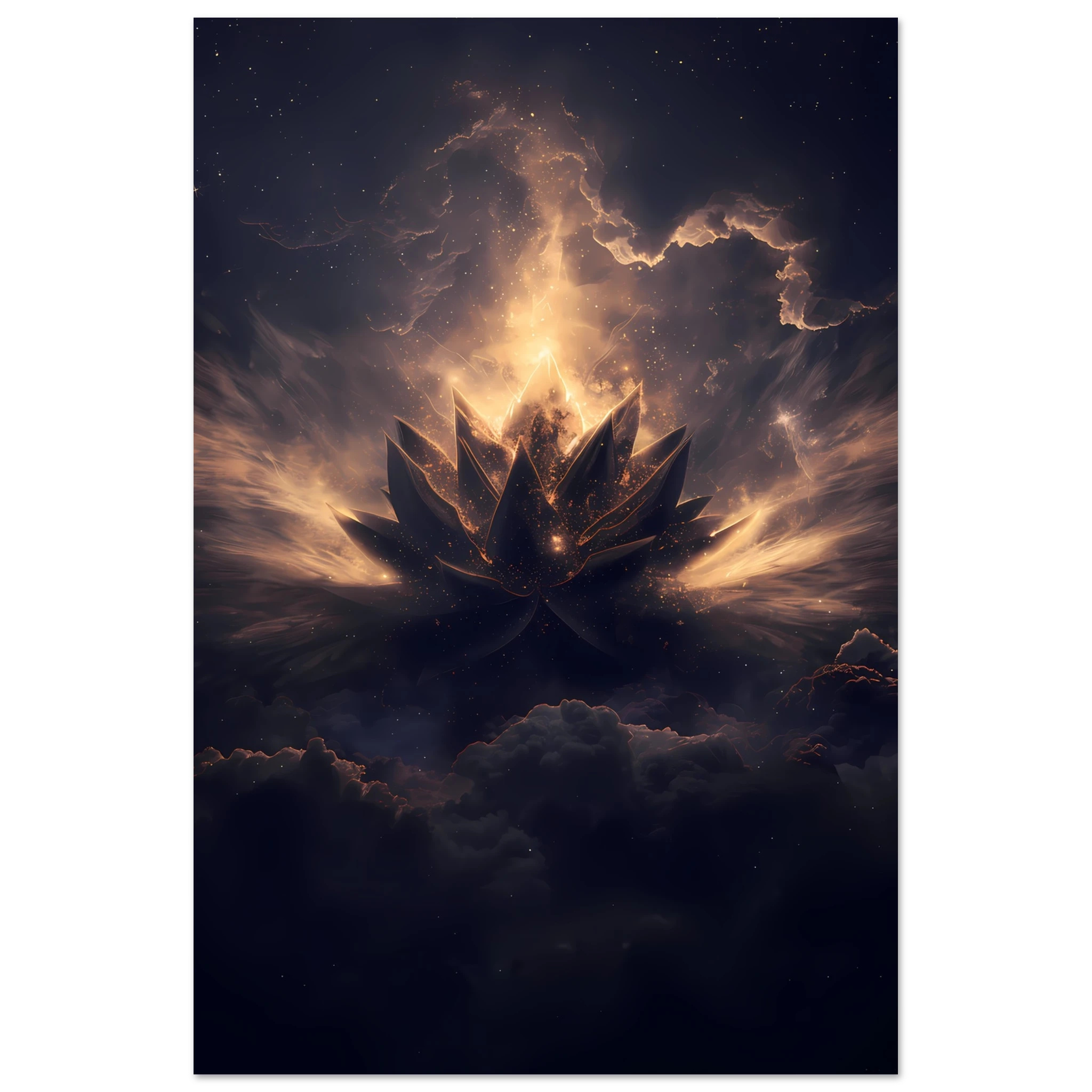 Cosmic lotus nebula in violet and gold with radiant light rays on a starfield — premium modern wall art for serene interiors.