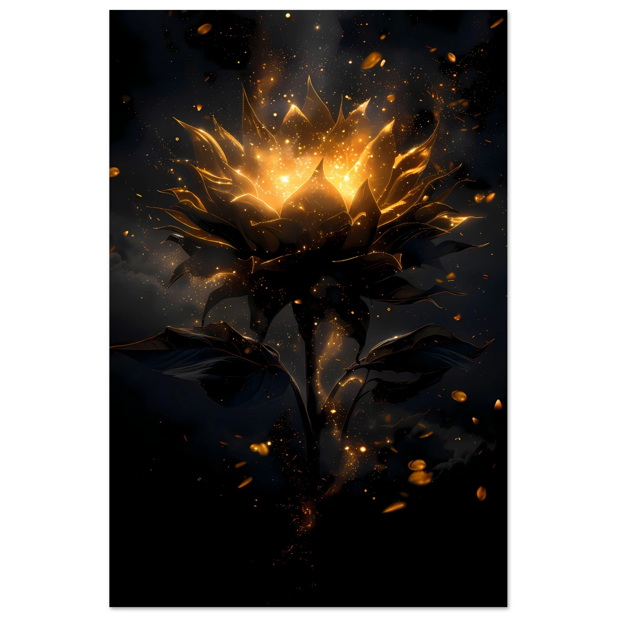 Sunflower glowing with galaxy light at its core — surreal botanical art print.