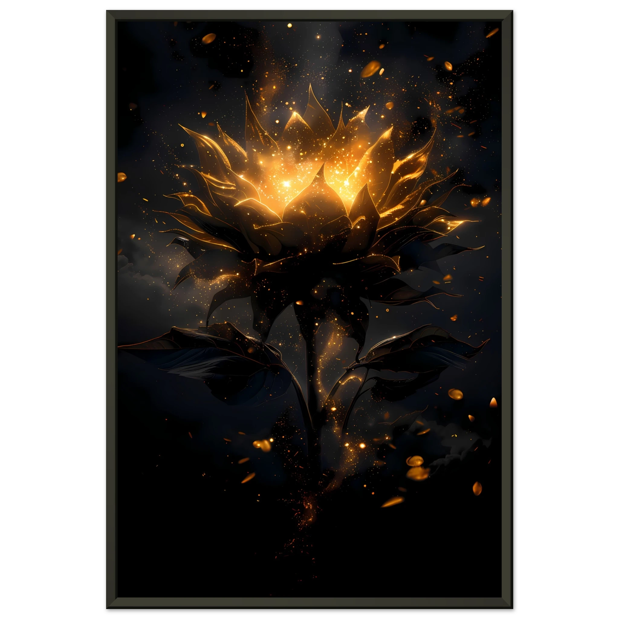 Sunflower glowing with galaxy light at its core — surreal botanical art print.