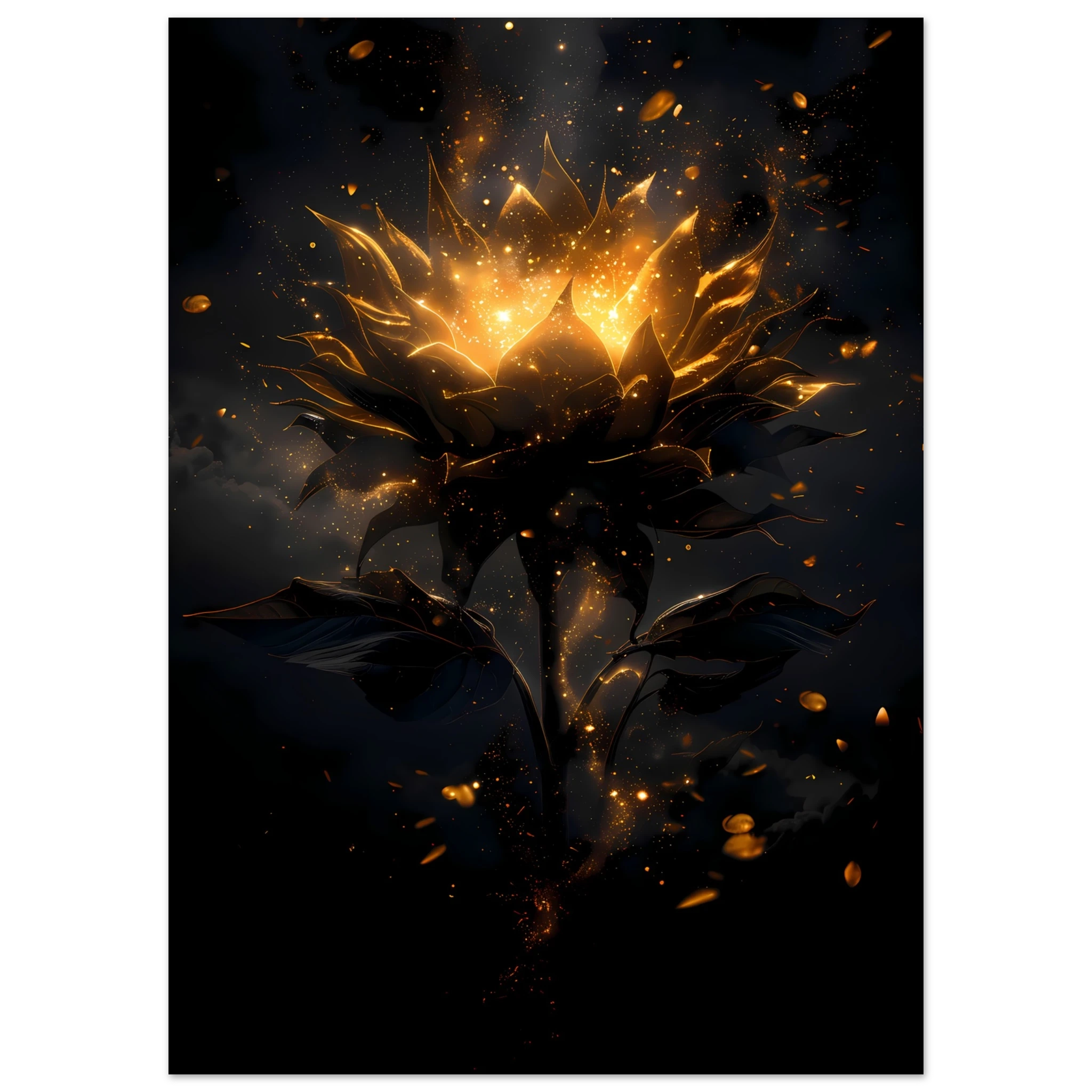 Sunflower glowing with galaxy light at its core — surreal botanical art print.