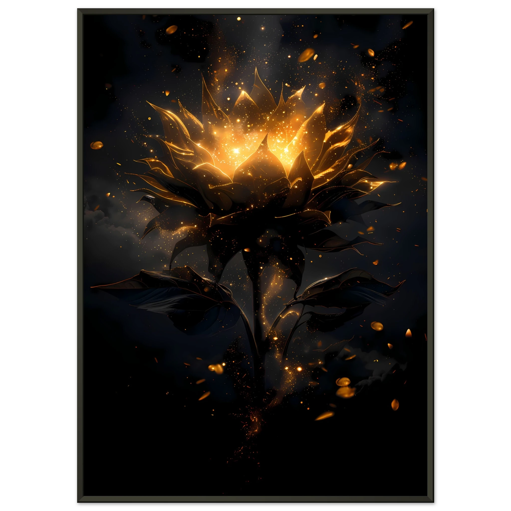 Sunflower glowing with galaxy light at its core — surreal botanical art print.