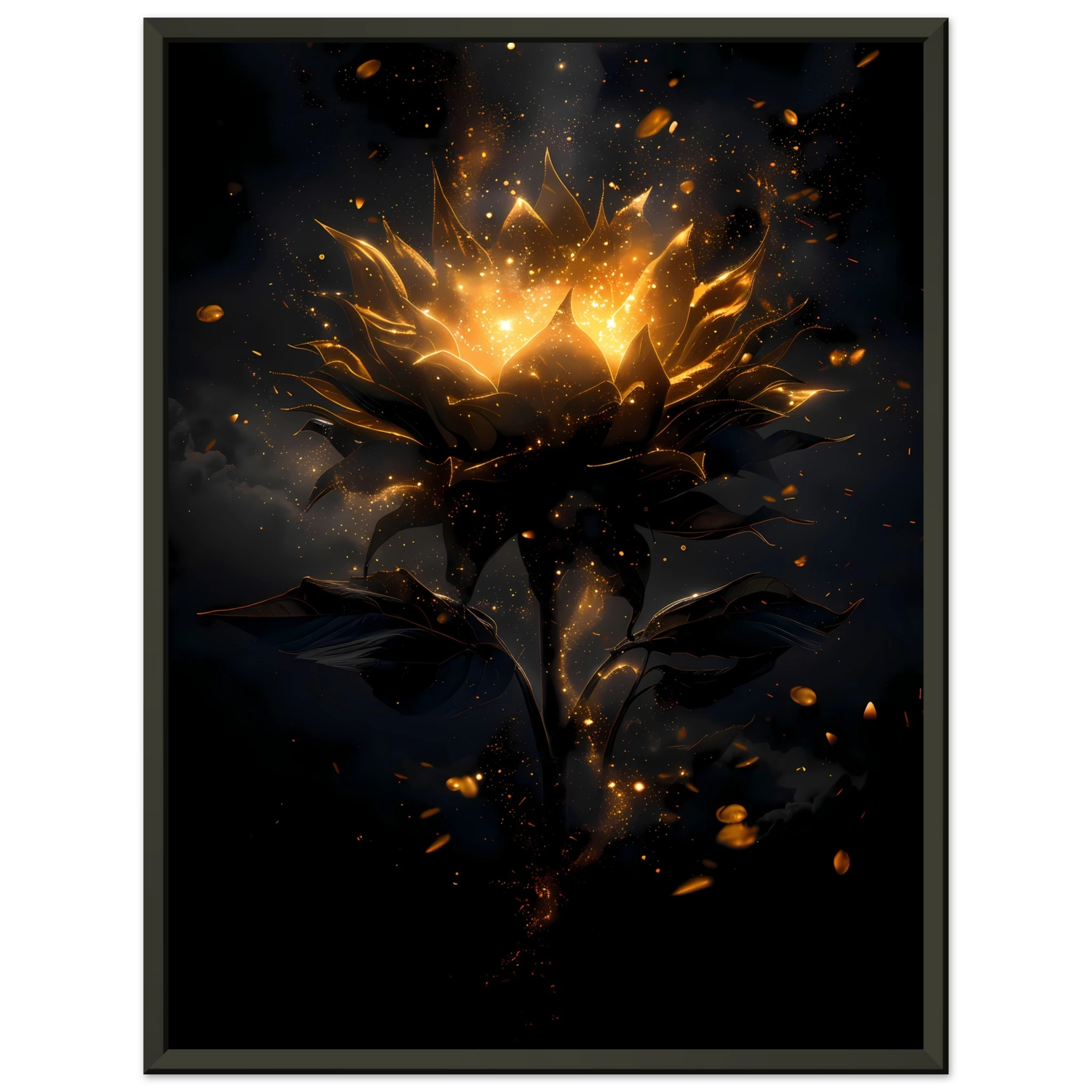 Sunflower glowing with galaxy light at its core — surreal botanical art print.