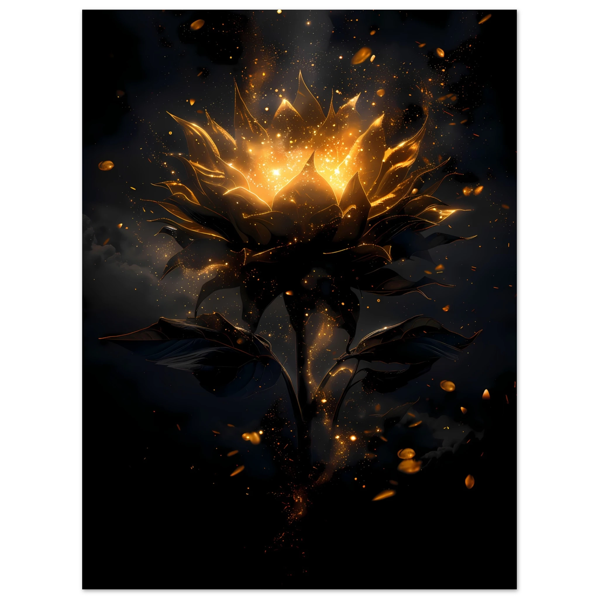 Sunflower glowing with galaxy light at its core — surreal botanical art print.
