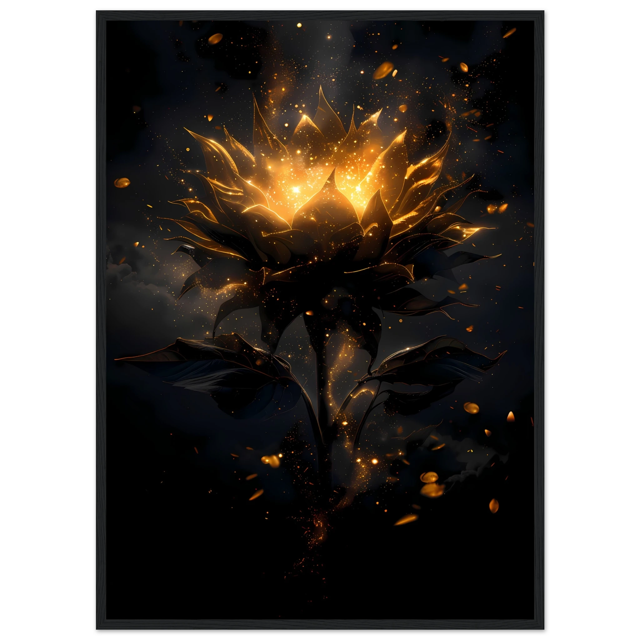 Sunflower glowing with galaxy light at its core — surreal botanical art print.