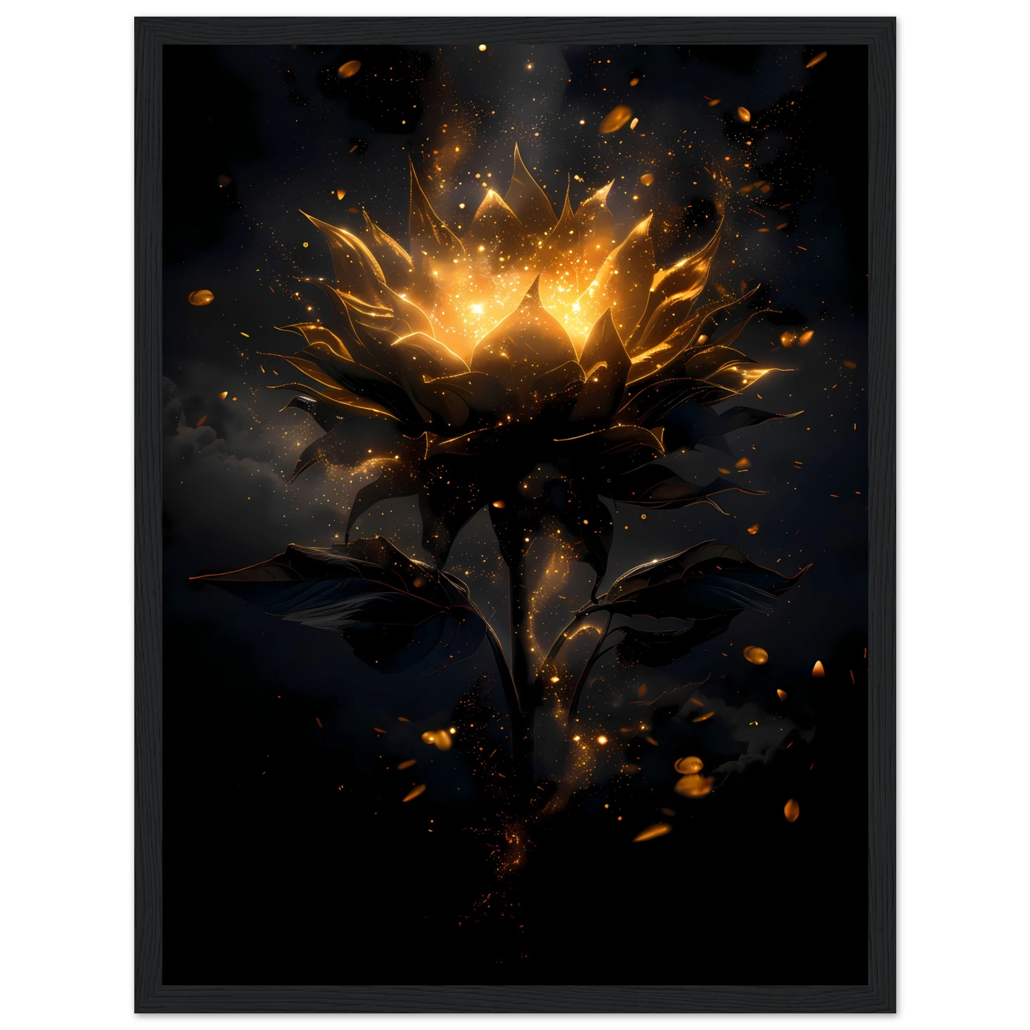 Sunflower glowing with galaxy light at its core — surreal botanical art print.