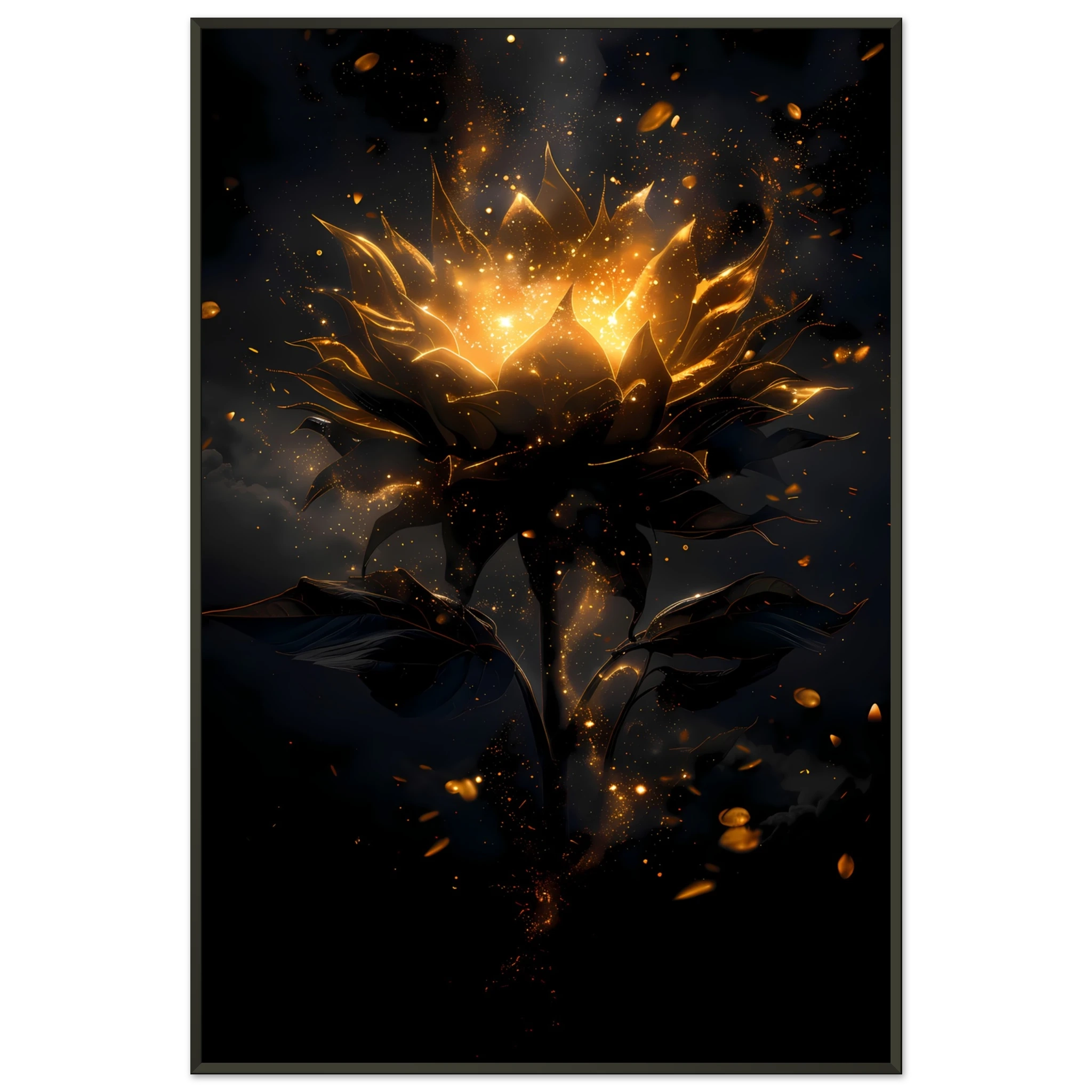 Sunflower glowing with galaxy light at its core — surreal botanical art print.
