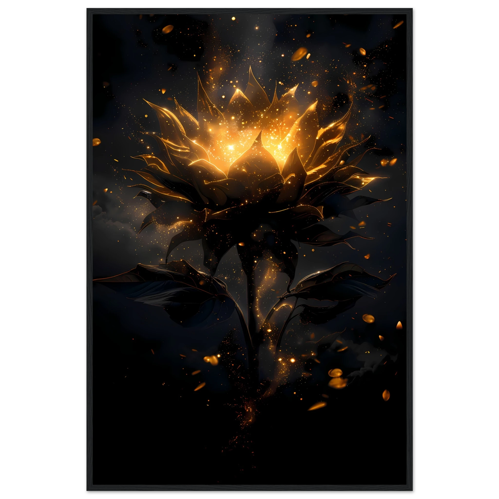 Sunflower glowing with galaxy light at its core — surreal botanical art print.