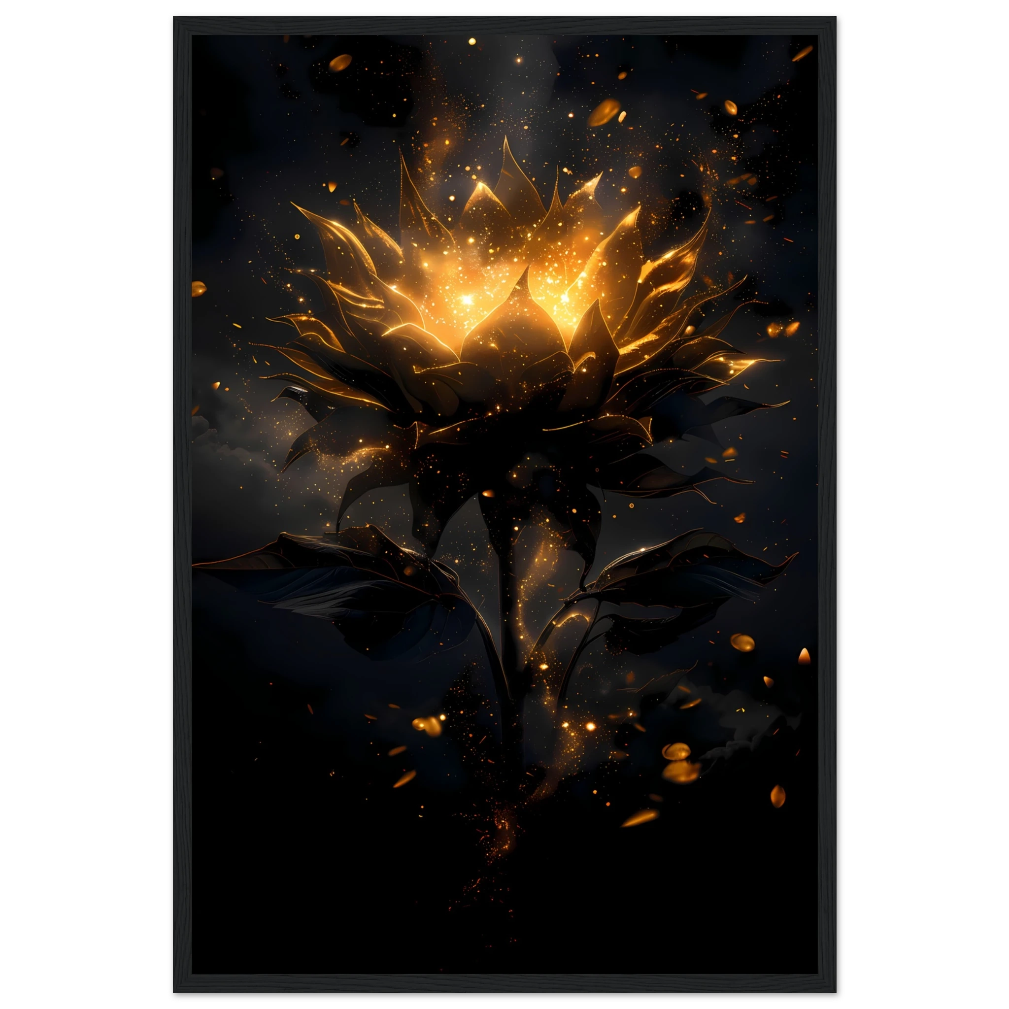 Sunflower glowing with galaxy light at its core — surreal botanical art print.
