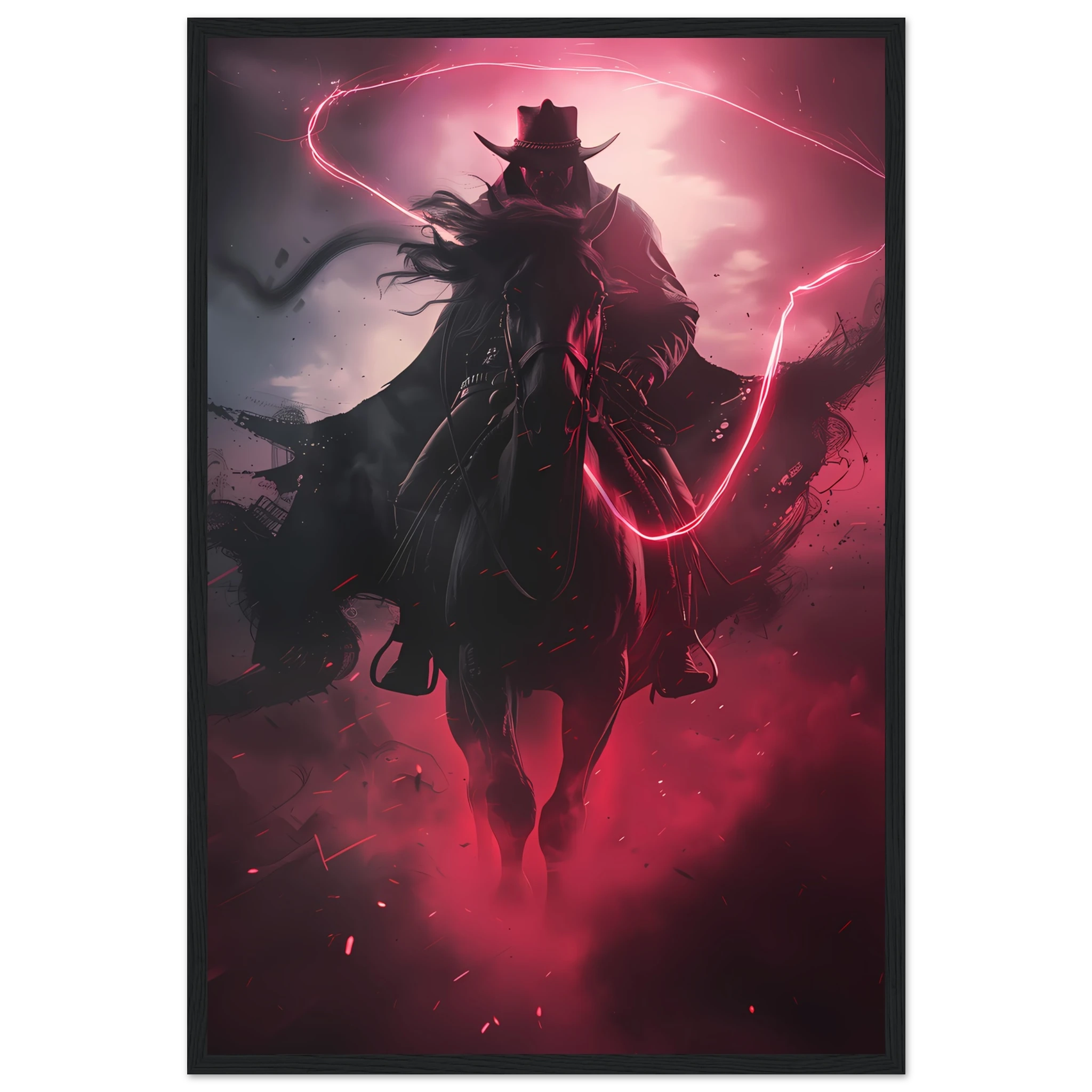 Cowboy riding across a neon-grid desert with pink and blue sky — synthwave pop art.