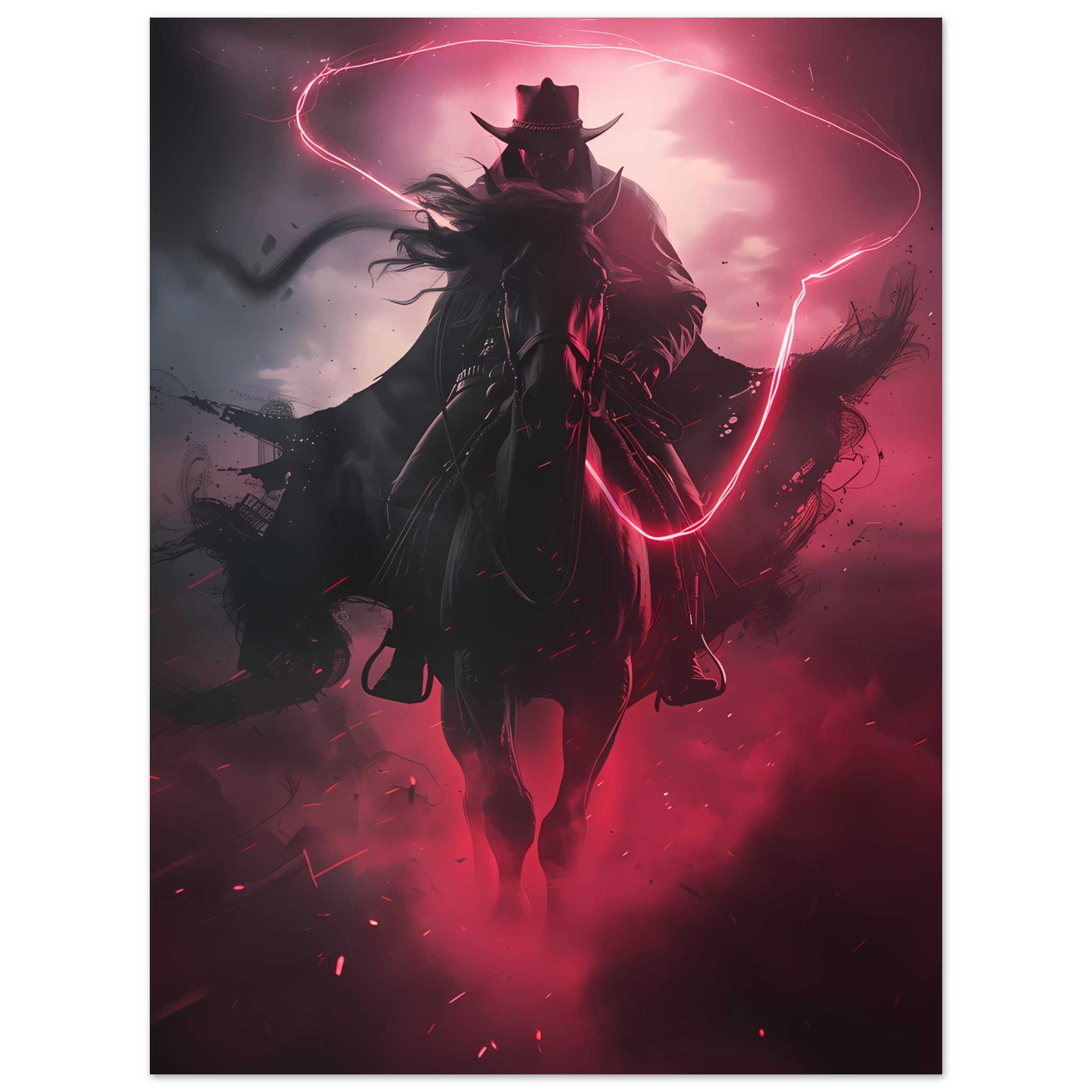 Cowboy riding across a neon-grid desert with pink and blue sky — synthwave pop art.