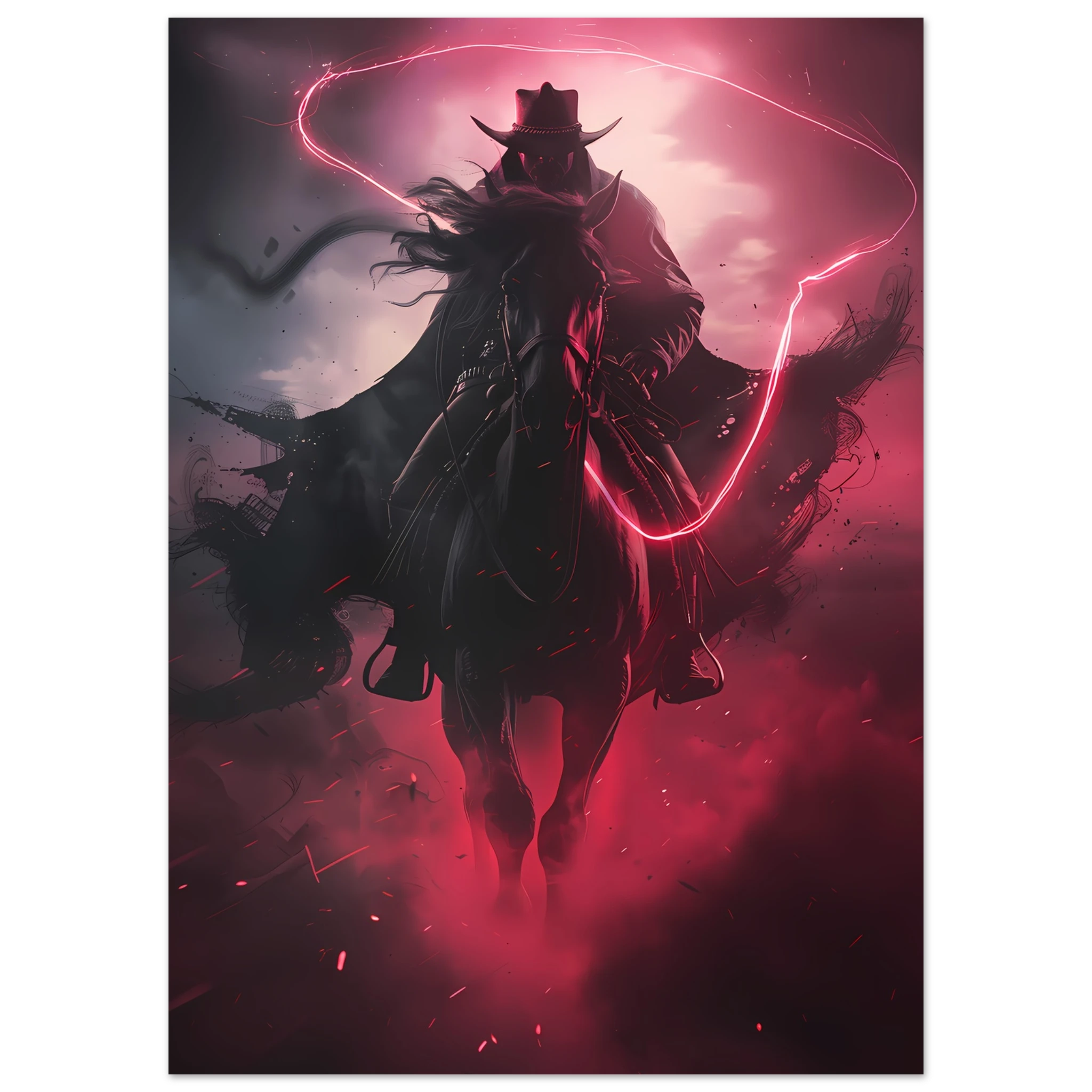 Cowboy riding across a neon-grid desert with pink and blue sky — synthwave pop art.