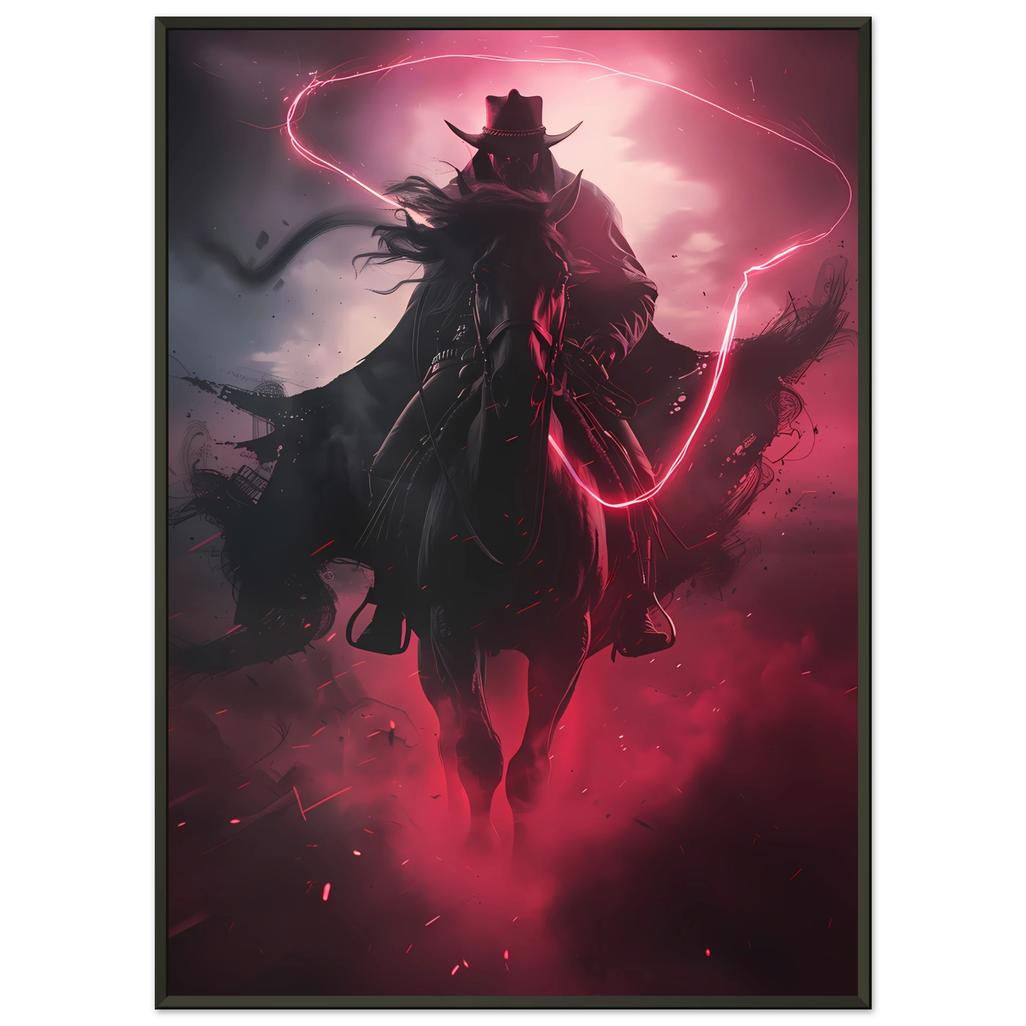 Cowboy riding across a neon-grid desert with pink and blue sky — synthwave pop art.