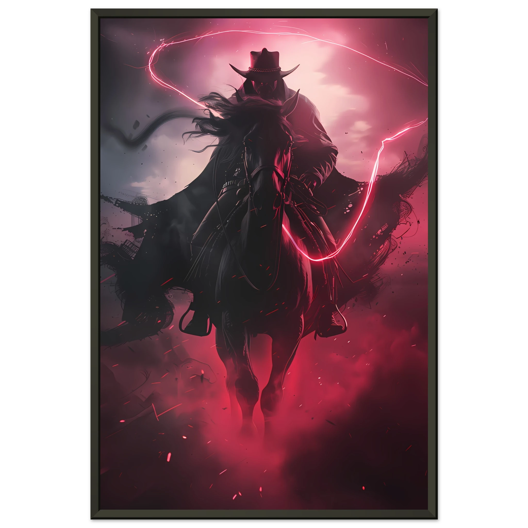 Cowboy riding across a neon-grid desert with pink and blue sky — synthwave pop art.