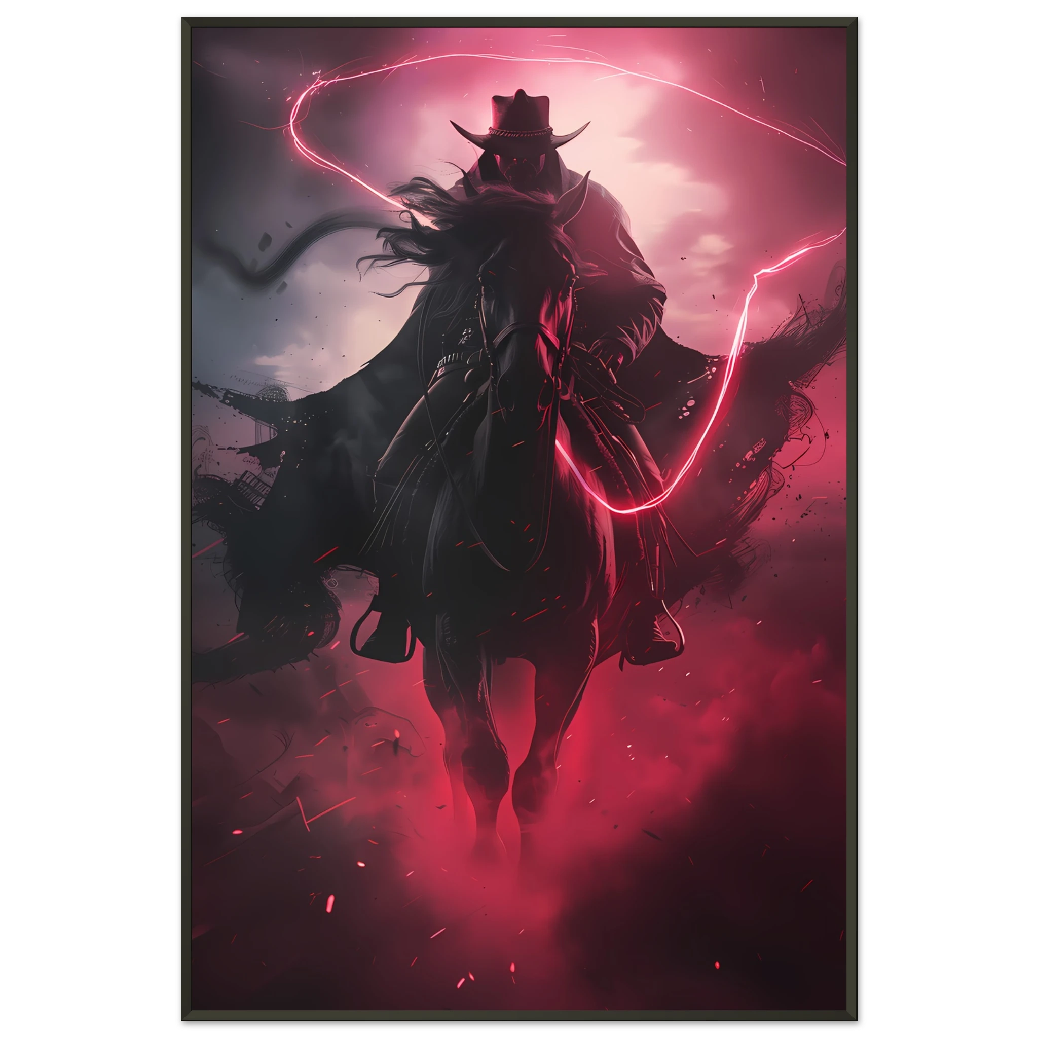 Cowboy riding across a neon-grid desert with pink and blue sky — synthwave pop art.