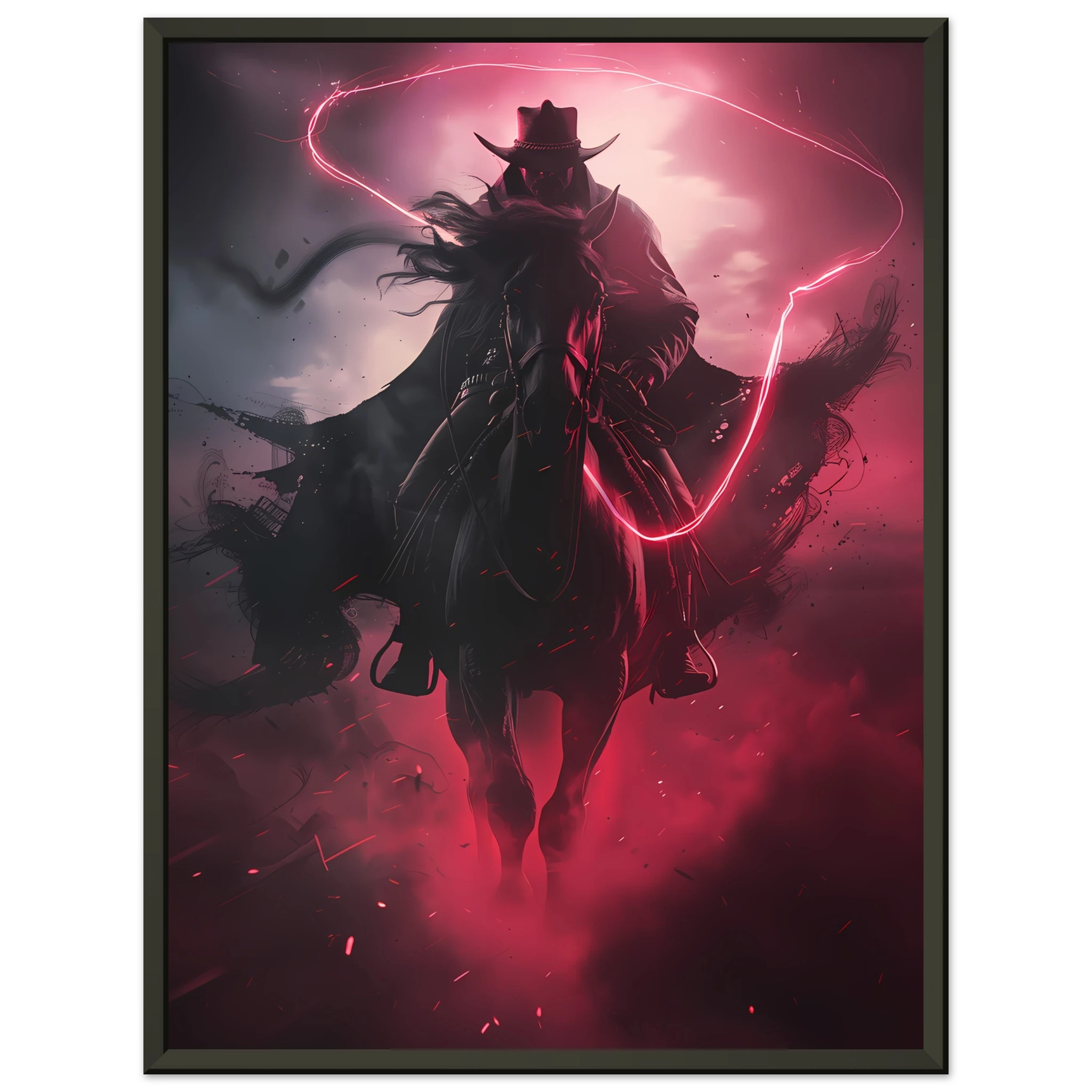 Cowboy riding across a neon-grid desert with pink and blue sky — synthwave pop art.