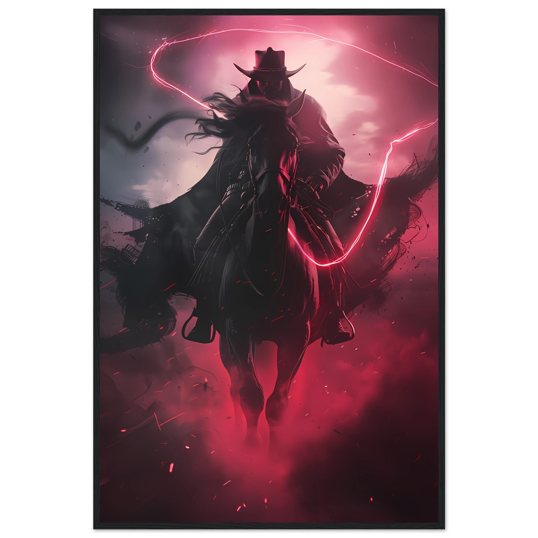 Cowboy riding across a neon-grid desert with pink and blue sky — synthwave pop art.