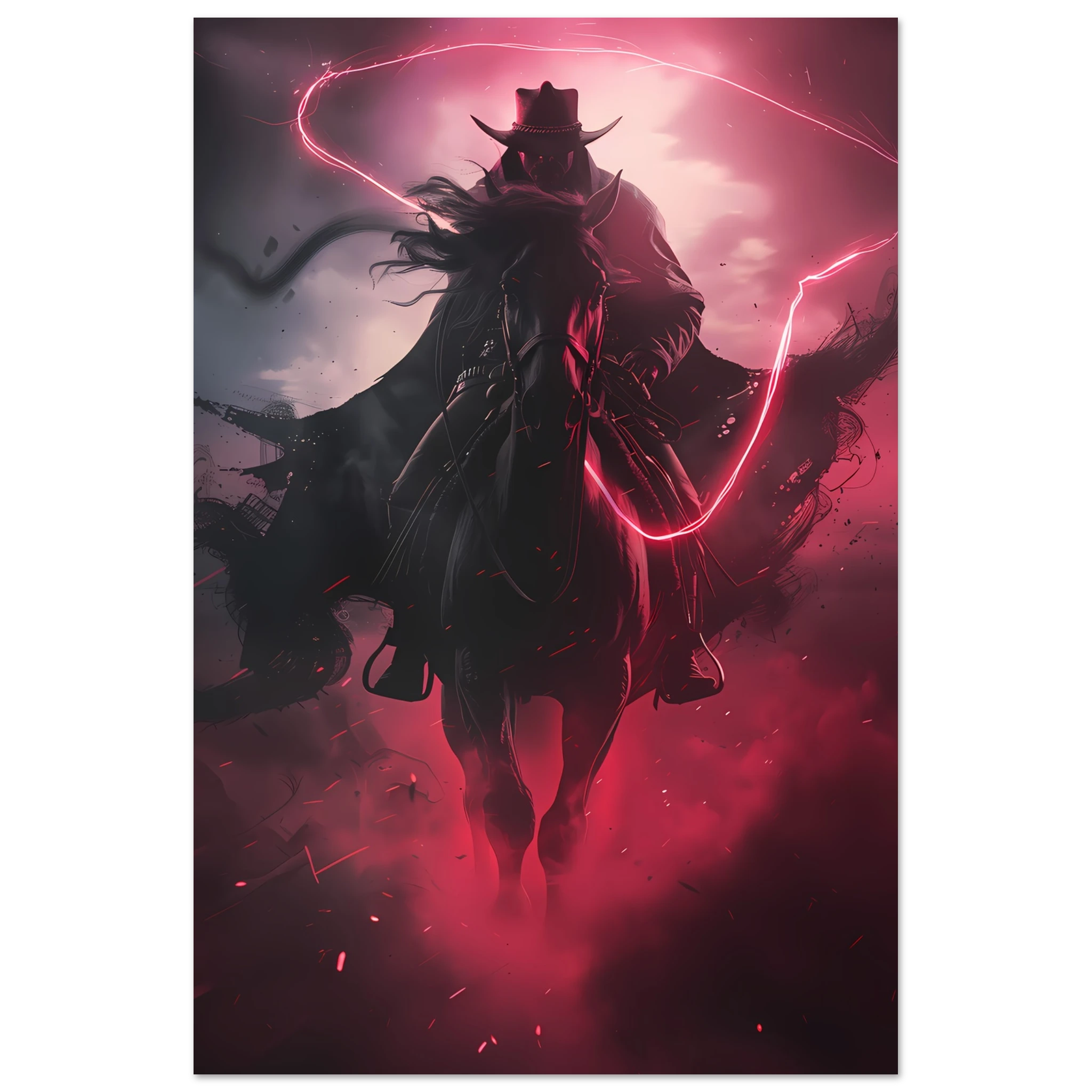 Cowboy riding across a neon-grid desert with pink and blue sky — synthwave pop art.