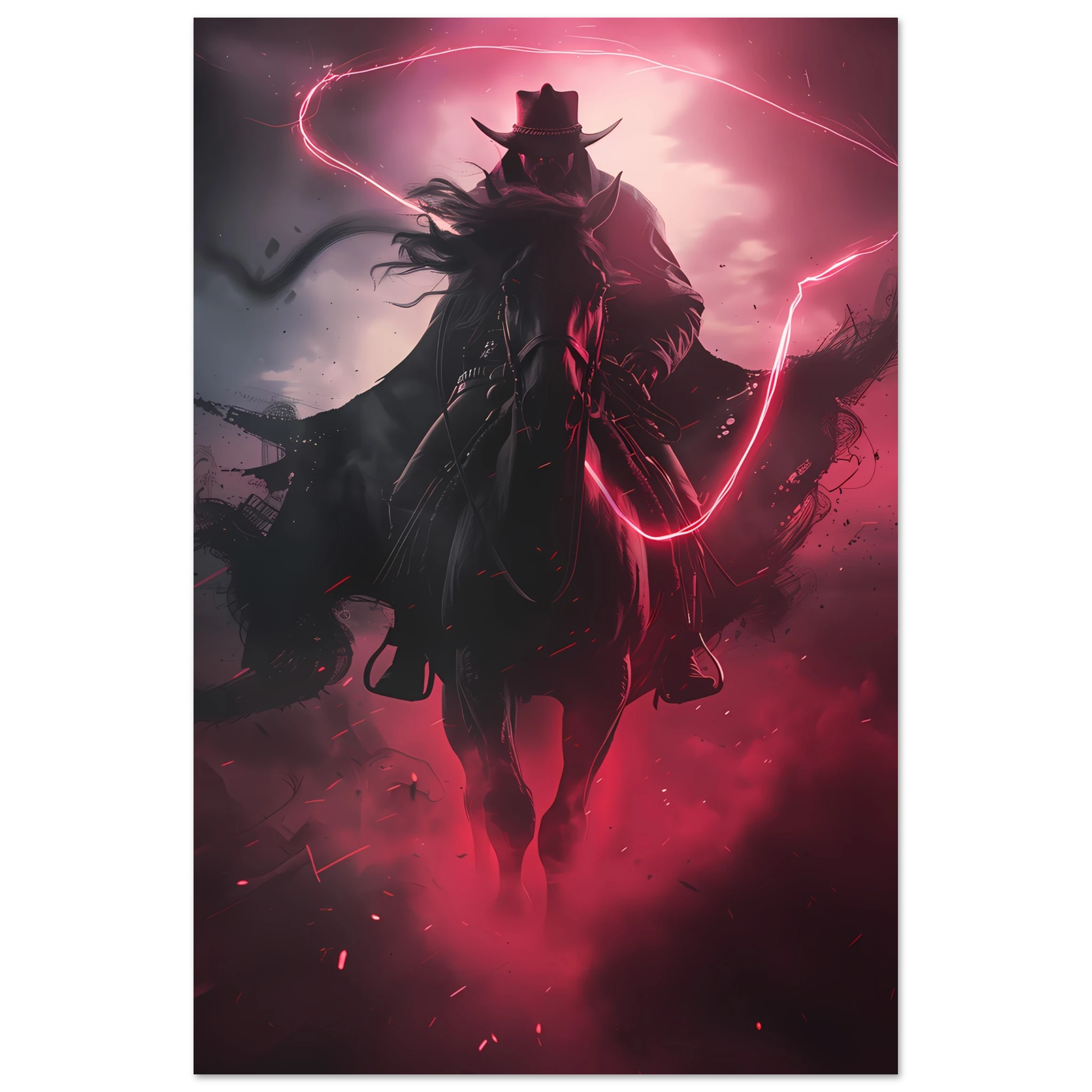 Cowboy riding across a neon-grid desert with pink and blue sky — synthwave pop art.