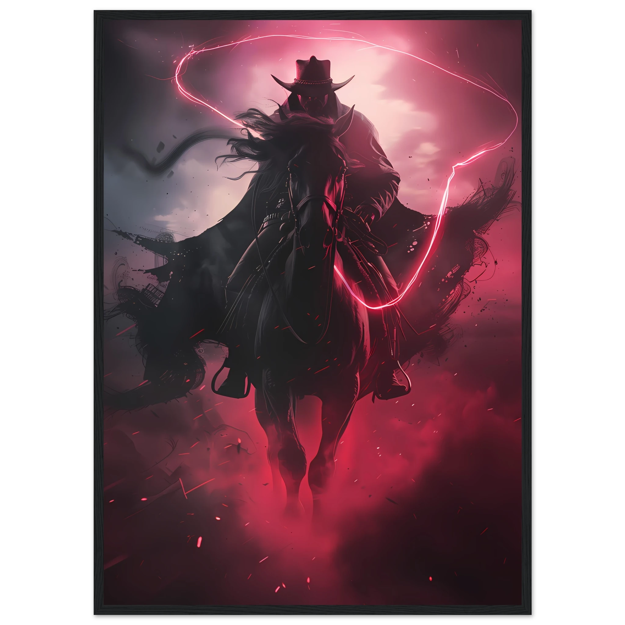 Cowboy riding across a neon-grid desert with pink and blue sky — synthwave pop art.