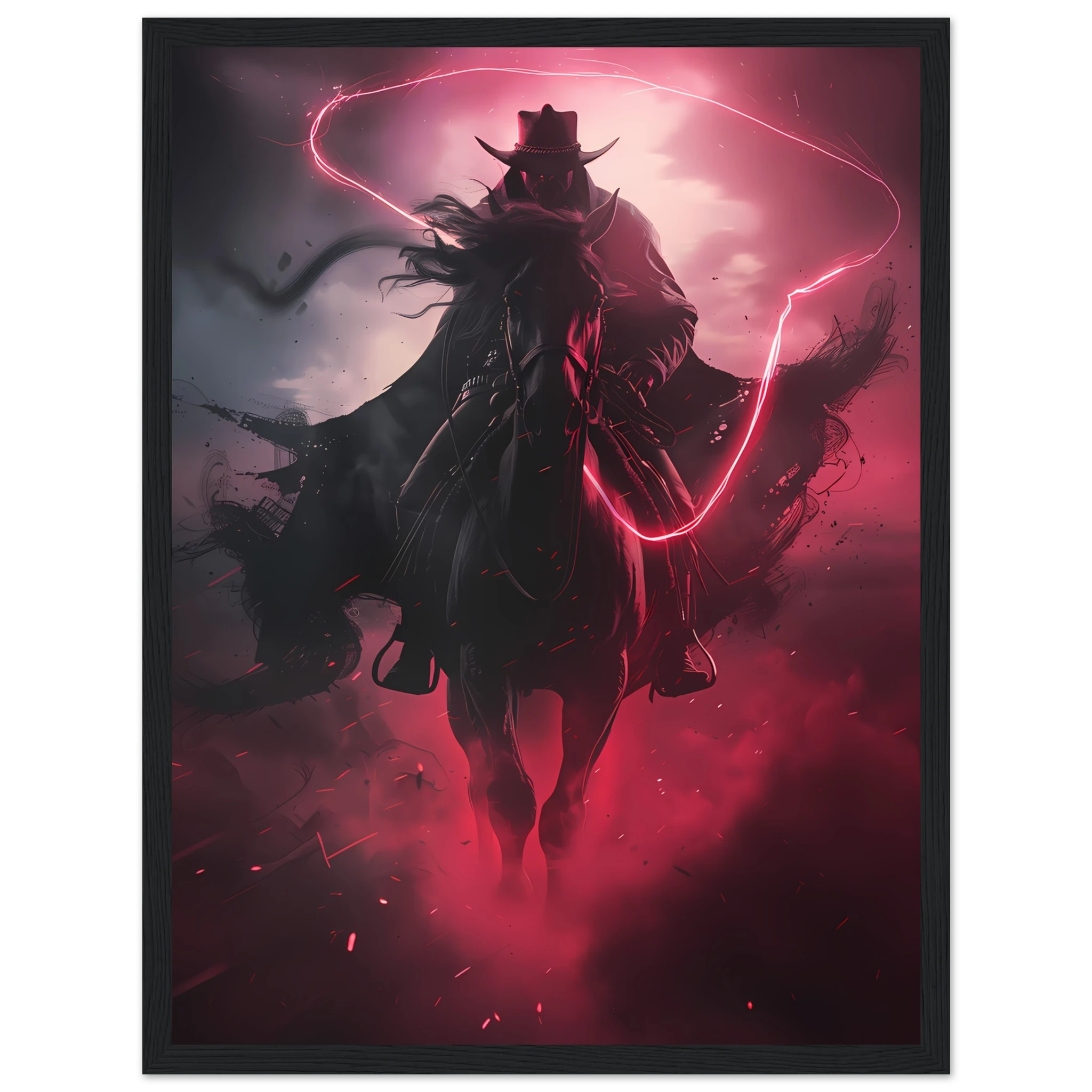 Cowboy riding across a neon-grid desert with pink and blue sky — synthwave pop art.