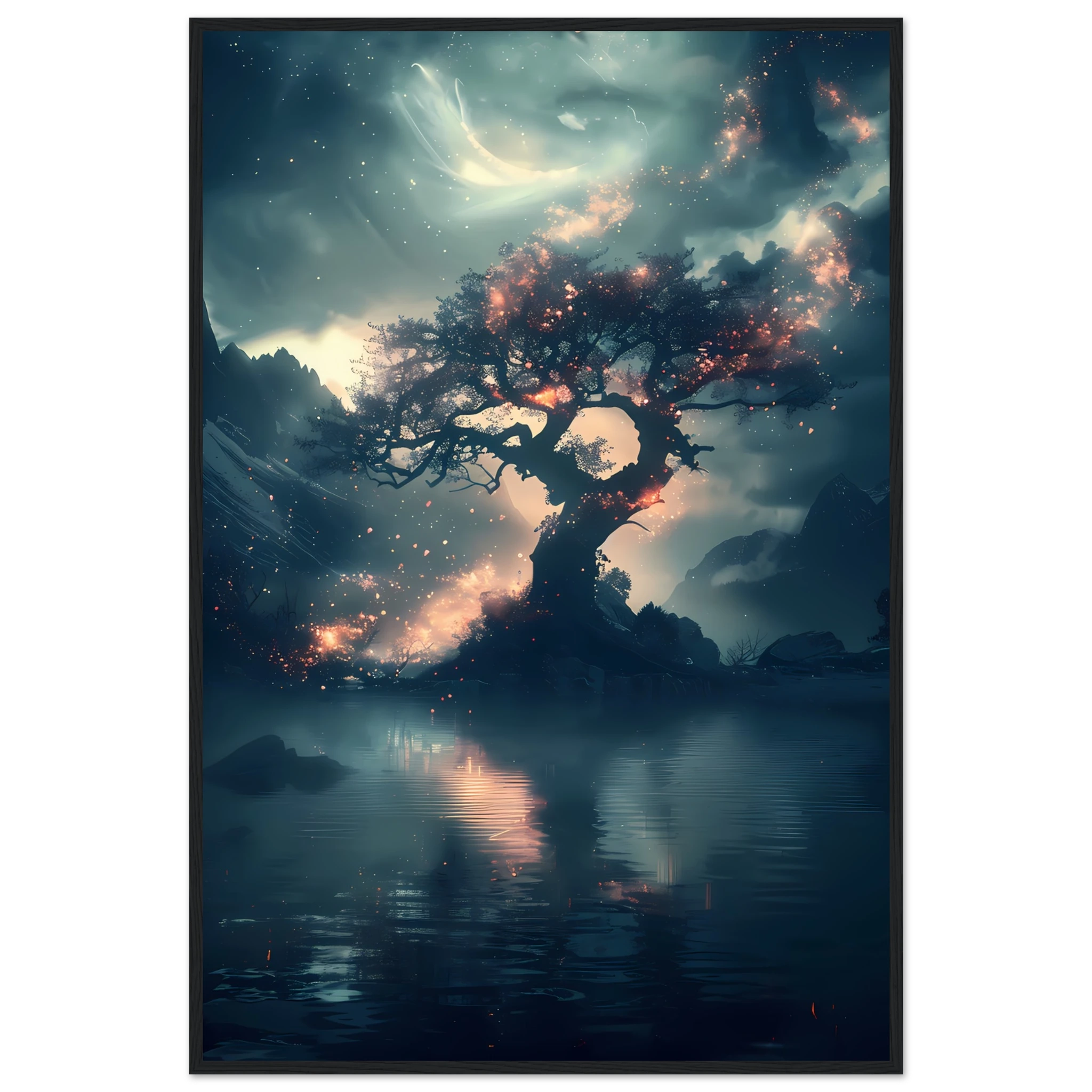 Fantasy tree with shimmering crystal flowers glowing at night — ethereal botanical print.