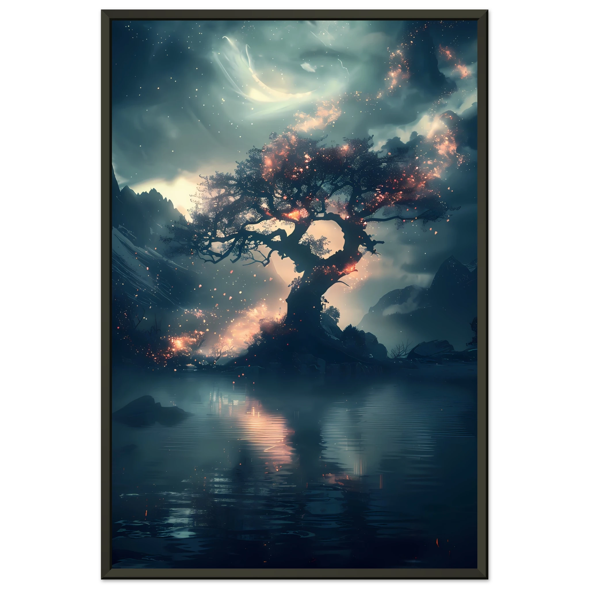 Fantasy tree with shimmering crystal flowers glowing at night — ethereal botanical print.