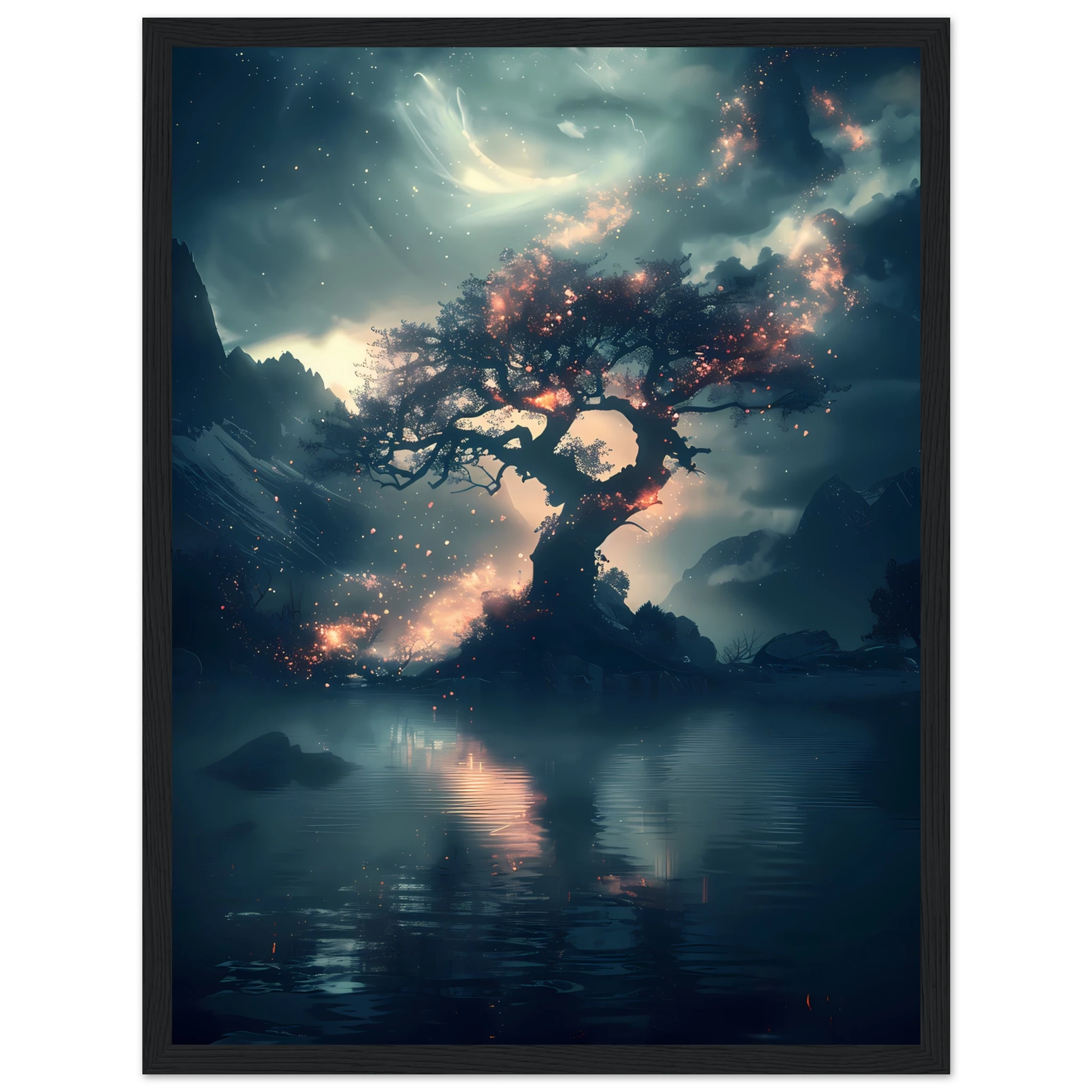 Fantasy tree with shimmering crystal flowers glowing at night — ethereal botanical print.