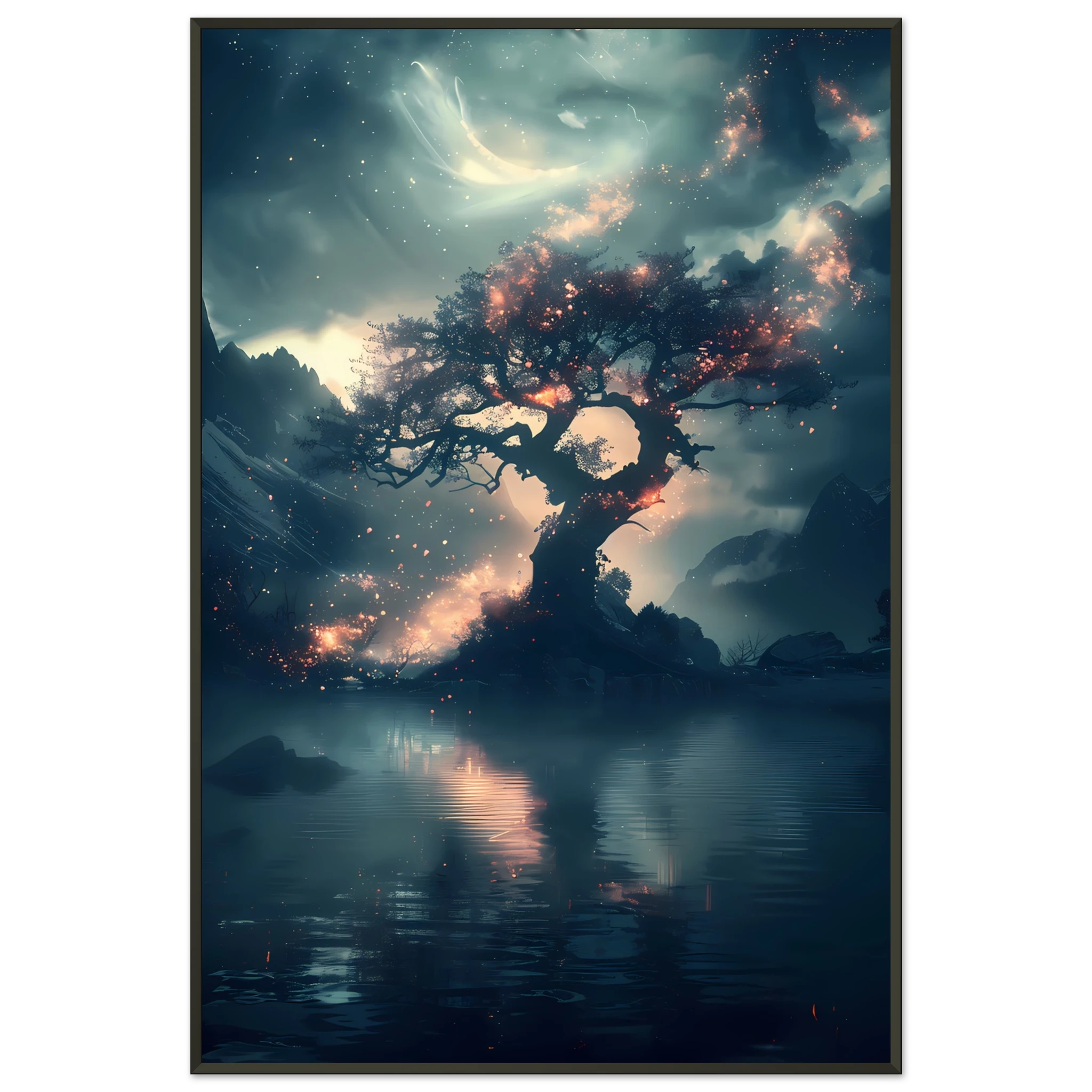 Fantasy tree with shimmering crystal flowers glowing at night — ethereal botanical print.