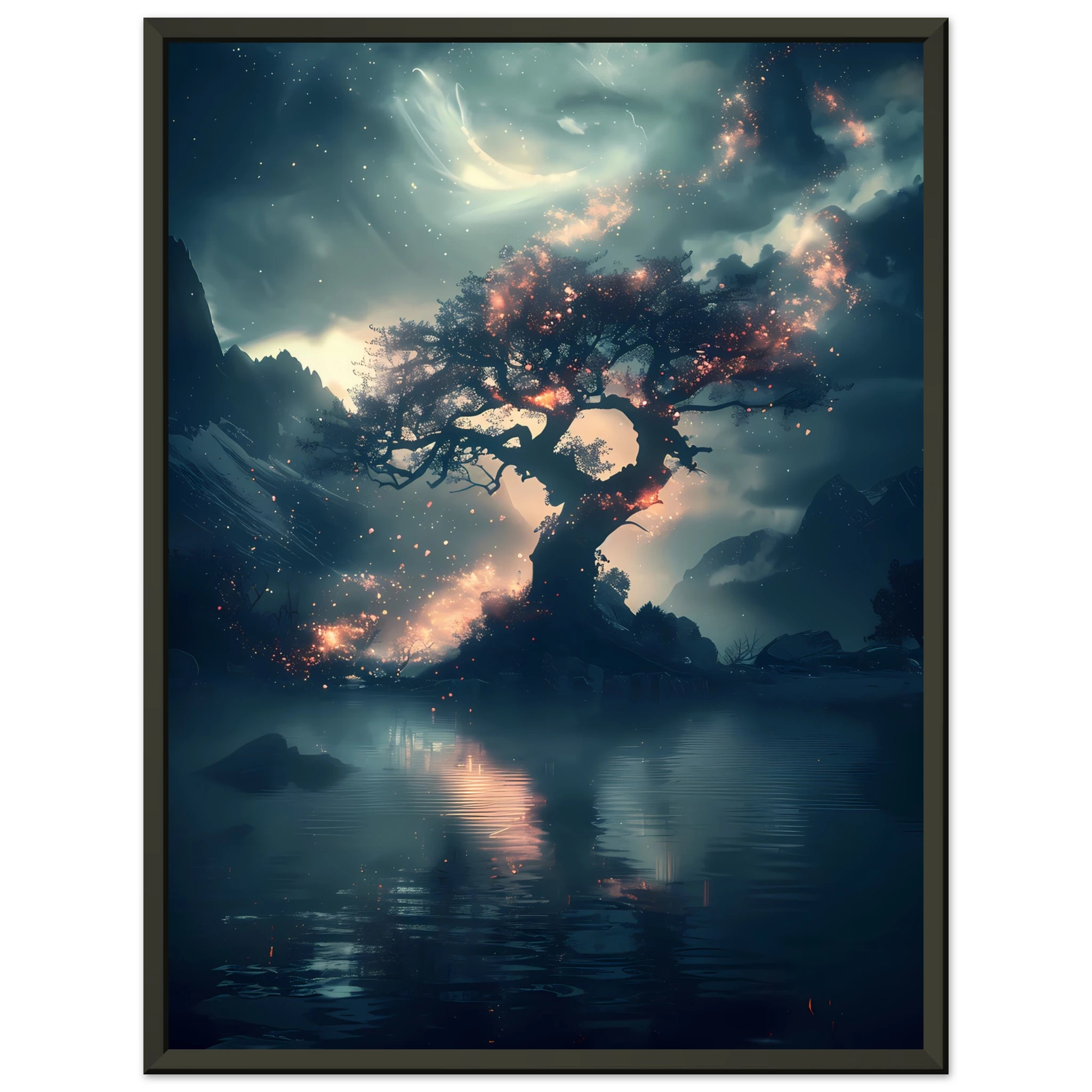 Fantasy tree with shimmering crystal flowers glowing at night — ethereal botanical print.