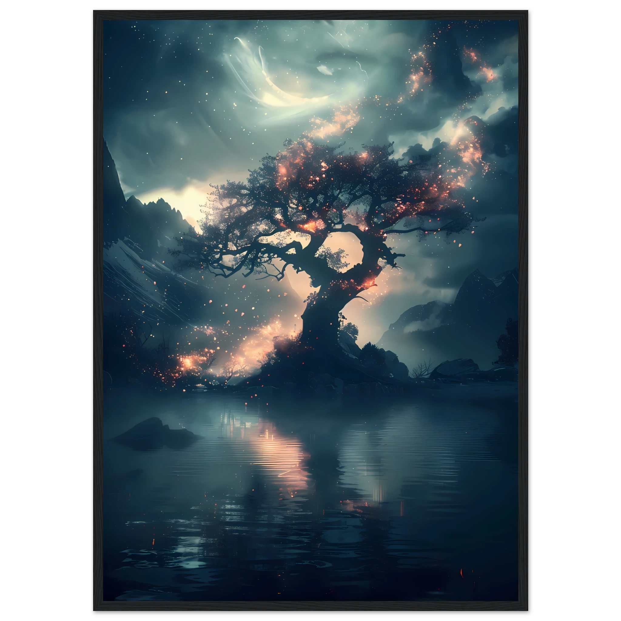 Fantasy tree with shimmering crystal flowers glowing at night — ethereal botanical print.