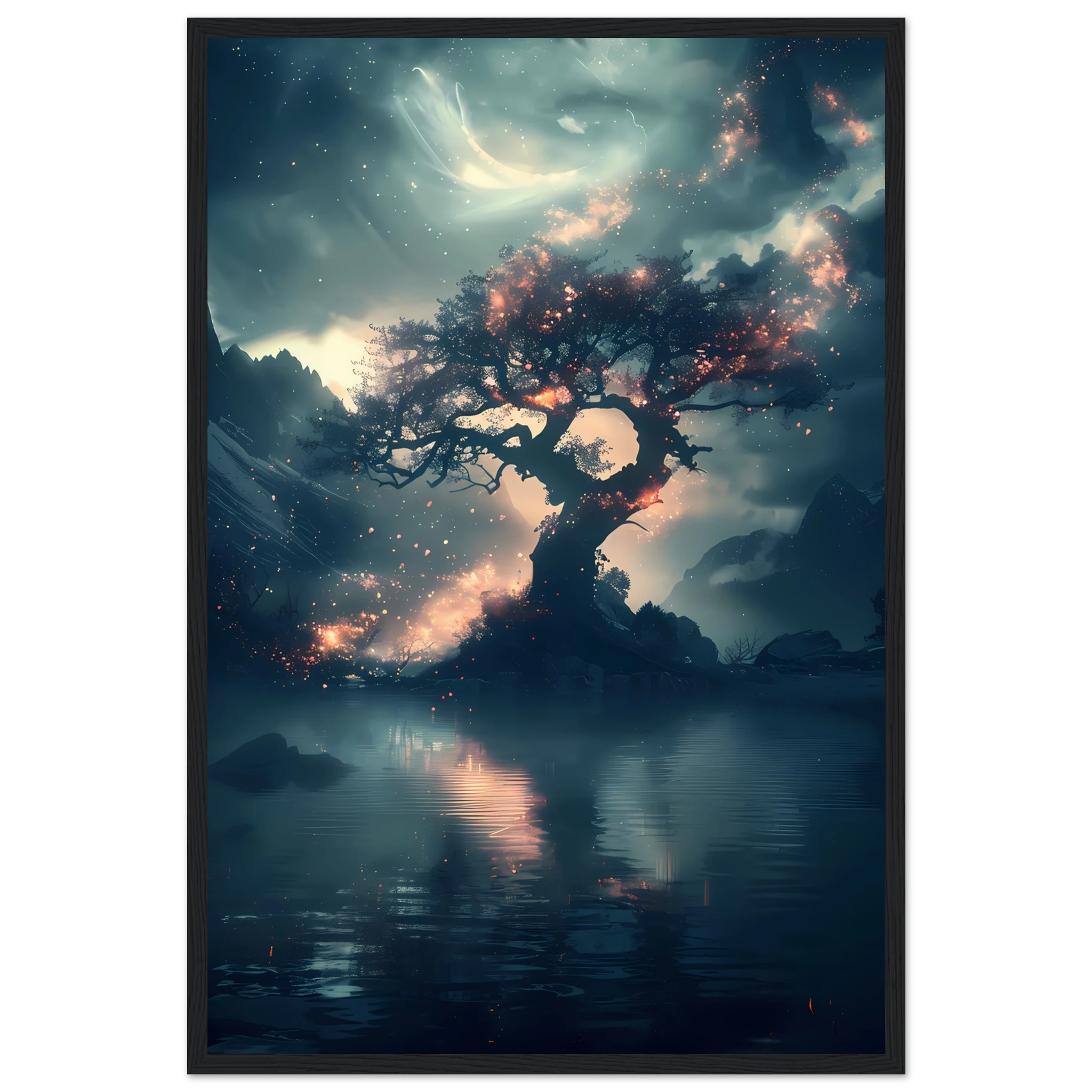 Fantasy tree with shimmering crystal flowers glowing at night — ethereal botanical print.