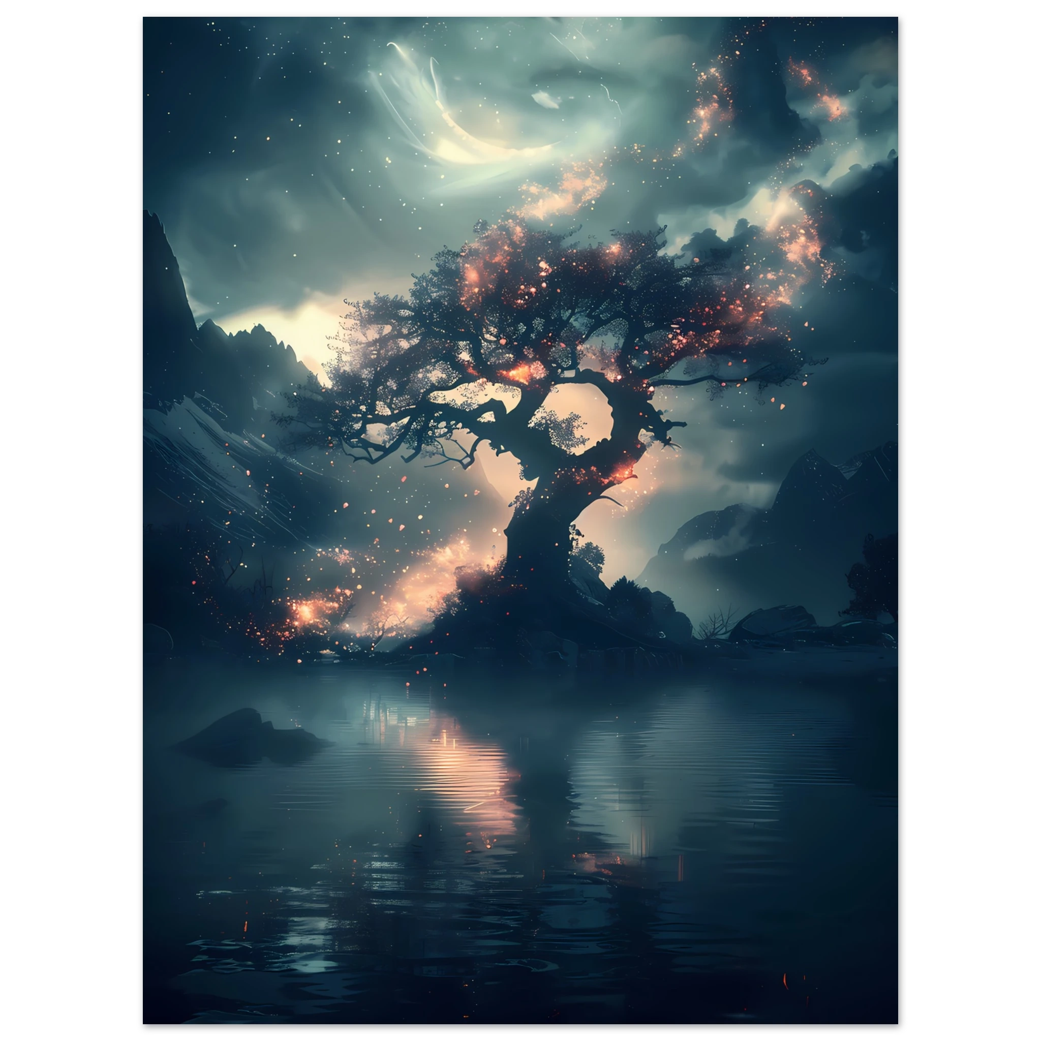 Fantasy tree with shimmering crystal flowers glowing at night — ethereal botanical print.