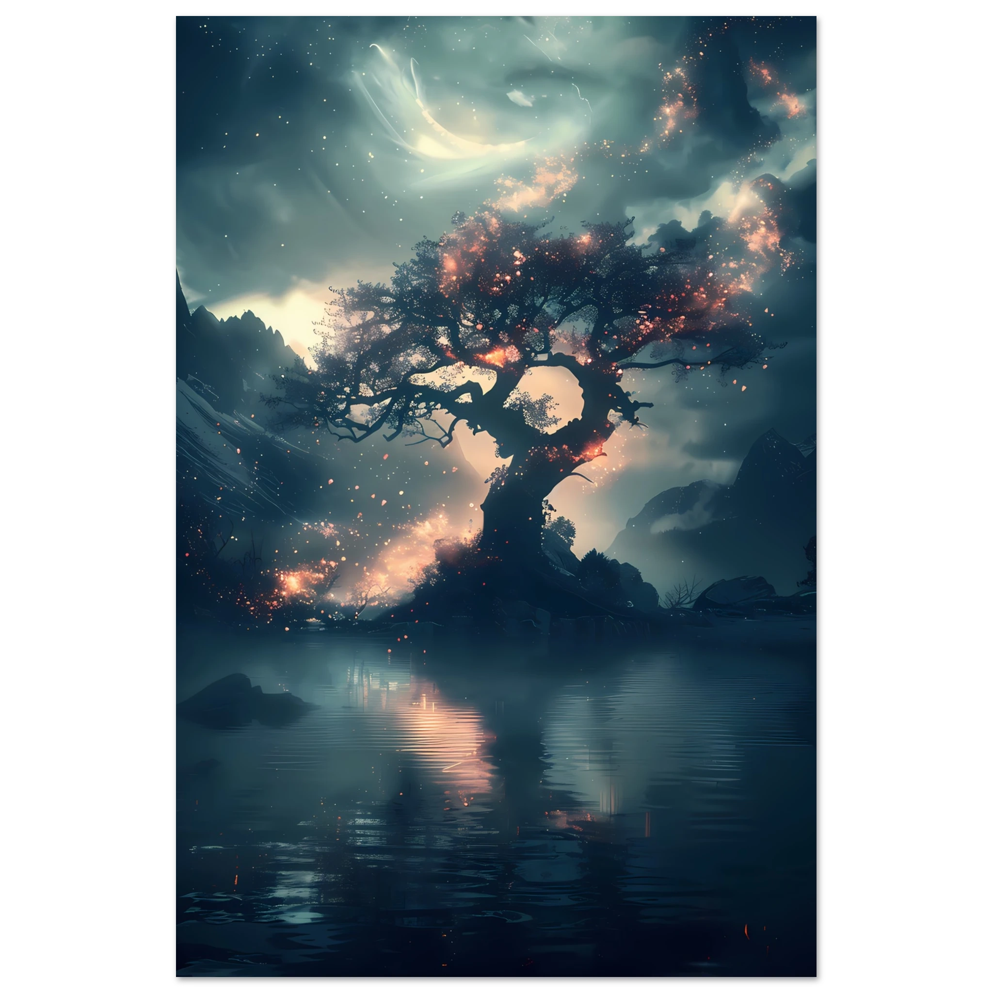 Fantasy tree with shimmering crystal flowers glowing at night — ethereal botanical print.