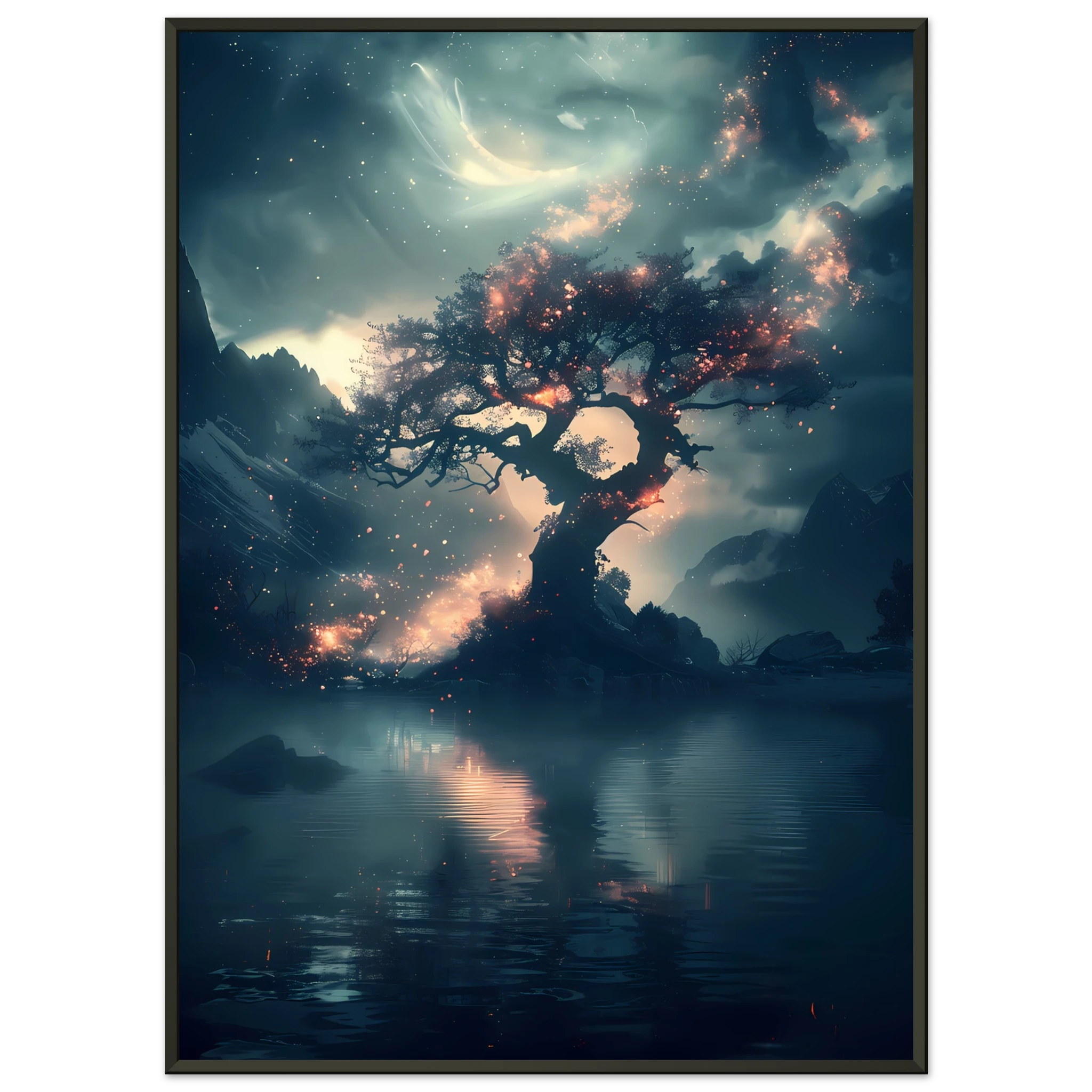 Fantasy tree with shimmering crystal flowers glowing at night — ethereal botanical print.