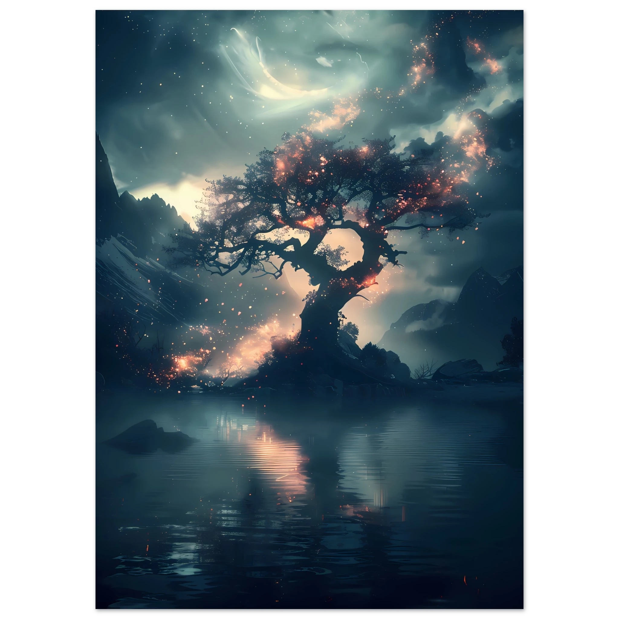 Fantasy tree with shimmering crystal flowers glowing at night — ethereal botanical print.