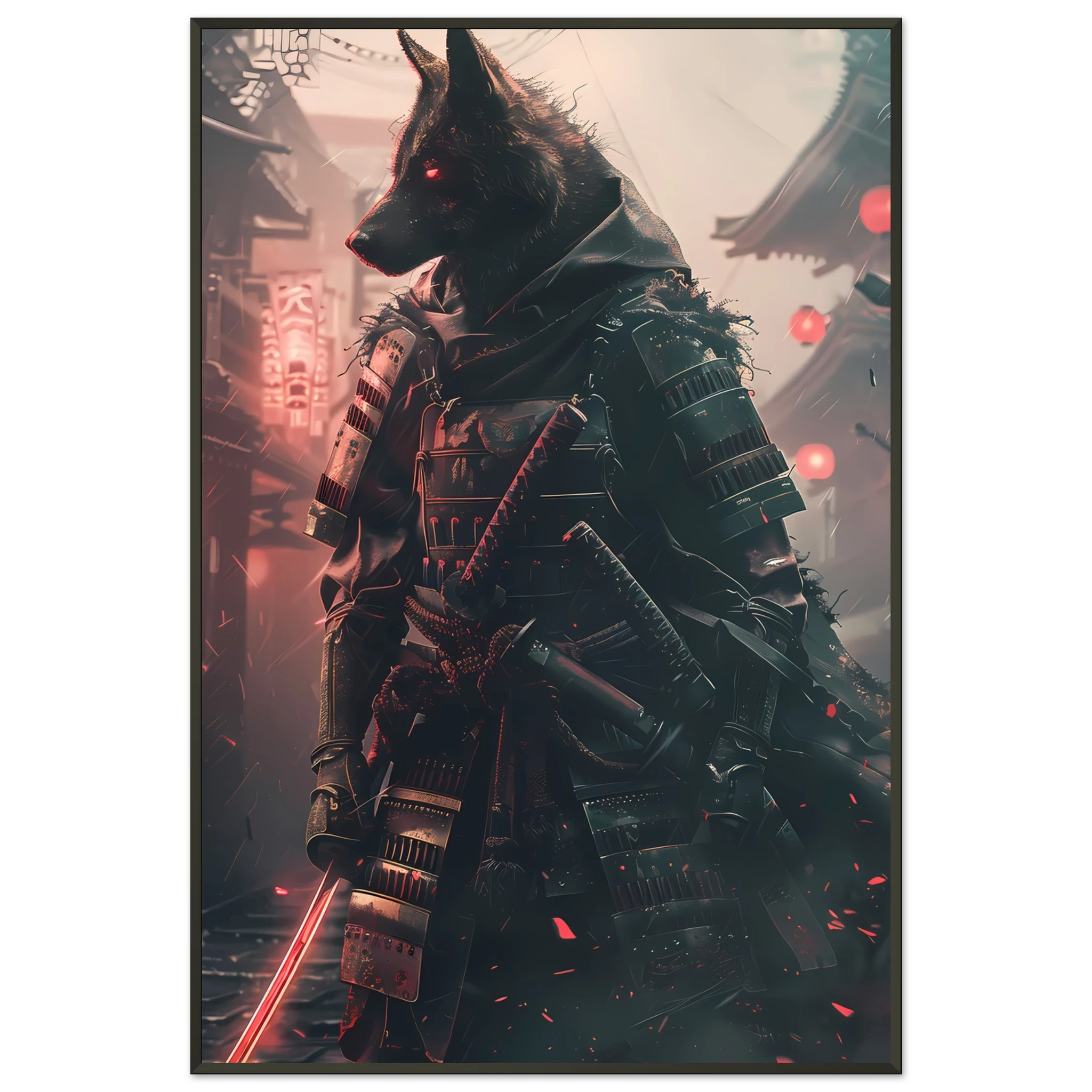 German Shepherd in neon samurai armor under glowing Tokyo lights — sci-fi pet art.