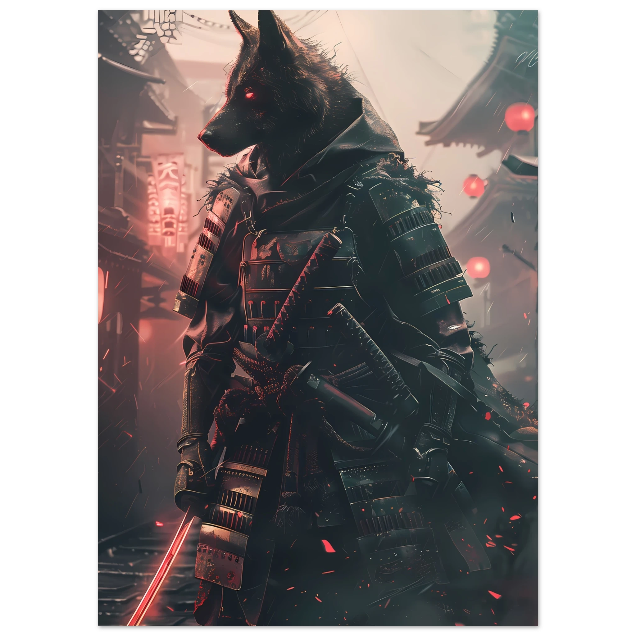 German Shepherd in neon samurai armor under glowing Tokyo lights — sci-fi pet art.