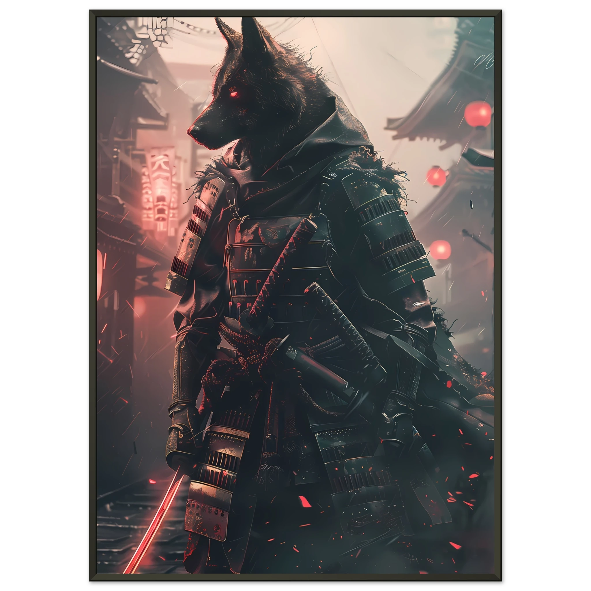 German Shepherd in neon samurai armor under glowing Tokyo lights — sci-fi pet art.