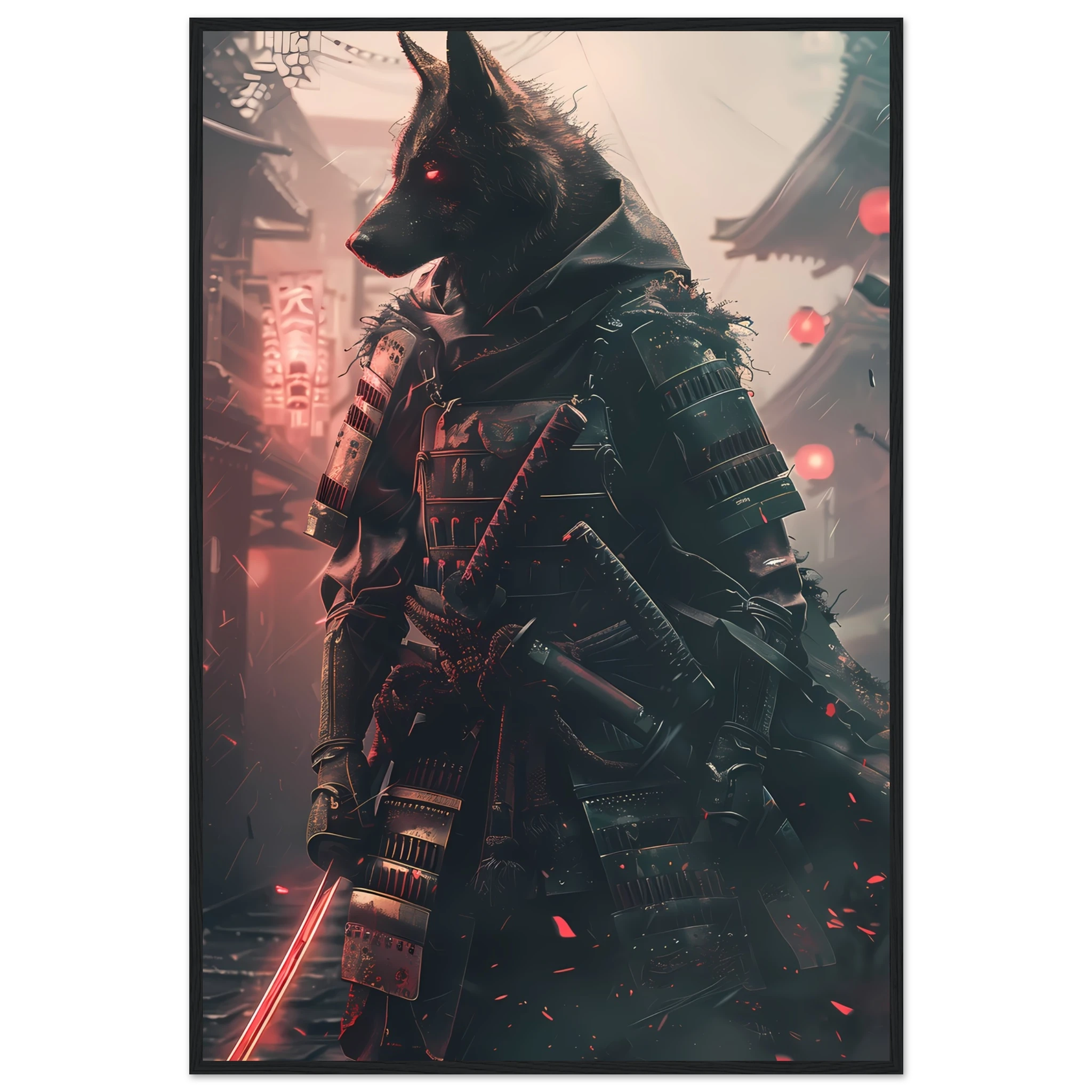 German Shepherd in neon samurai armor under glowing Tokyo lights — sci-fi pet art.
