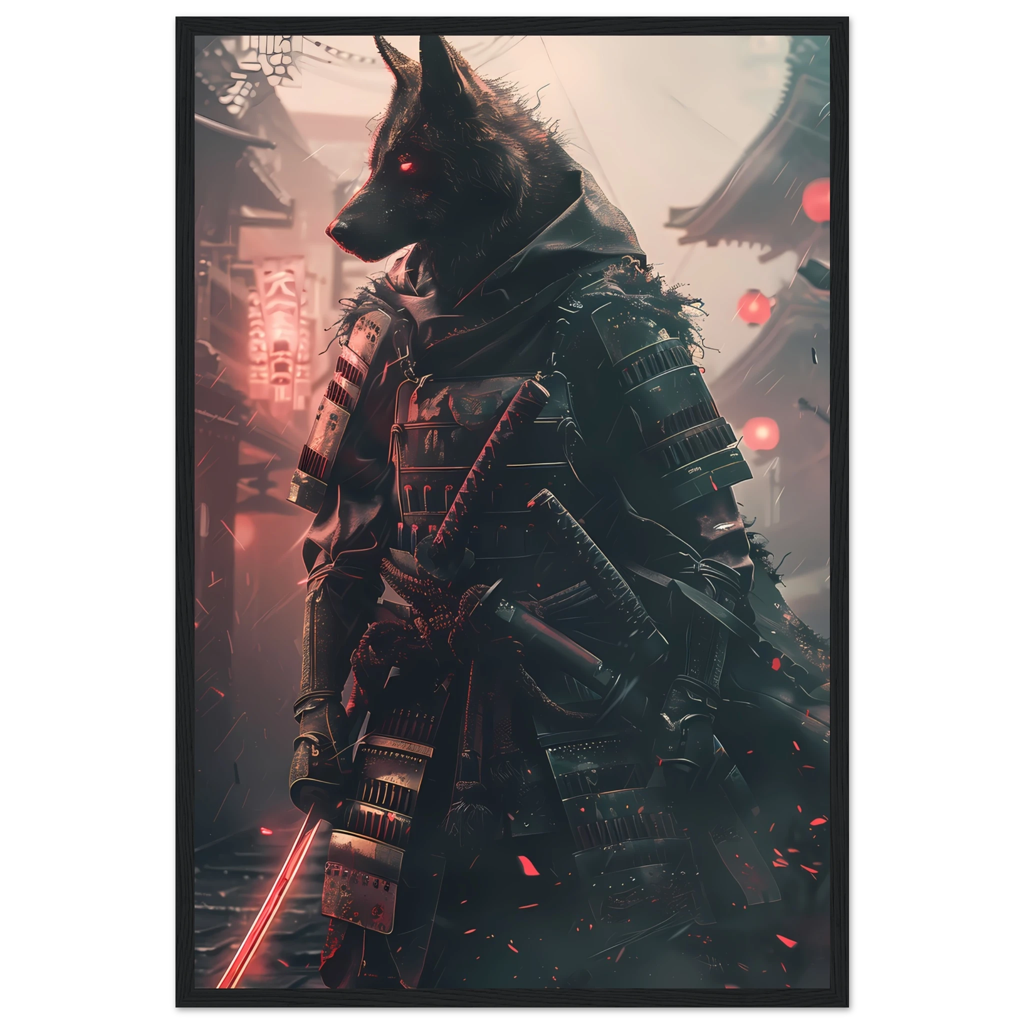 German Shepherd in neon samurai armor under glowing Tokyo lights — sci-fi pet art.