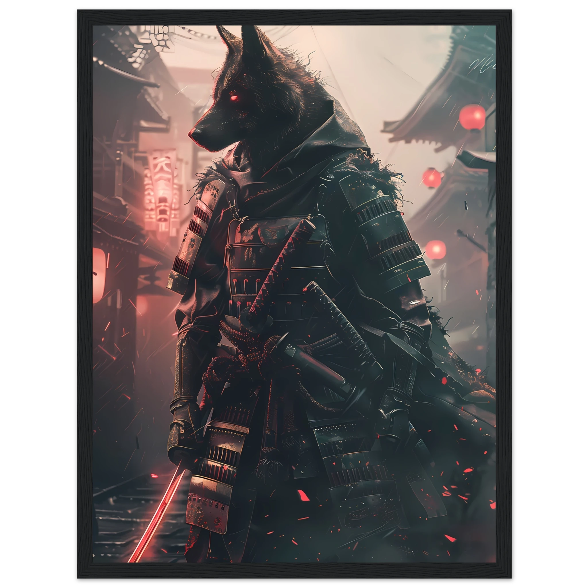 German Shepherd in neon samurai armor under glowing Tokyo lights — sci-fi pet art.