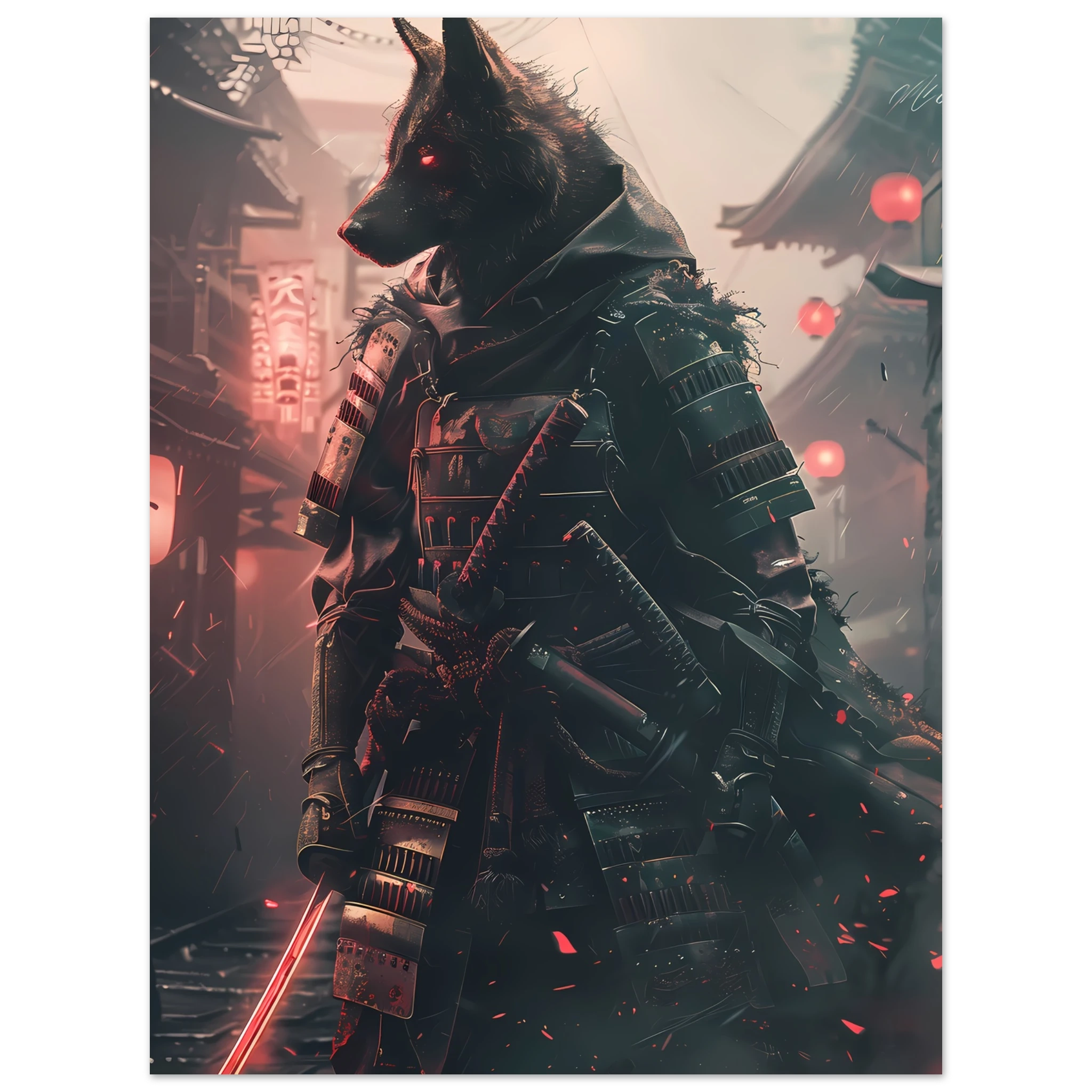 German Shepherd in neon samurai armor under glowing Tokyo lights — sci-fi pet art.