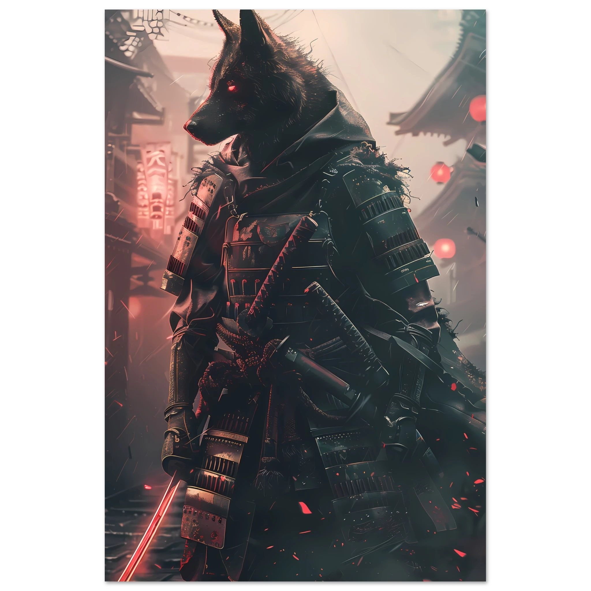 German Shepherd in neon samurai armor under glowing Tokyo lights — sci-fi pet art.