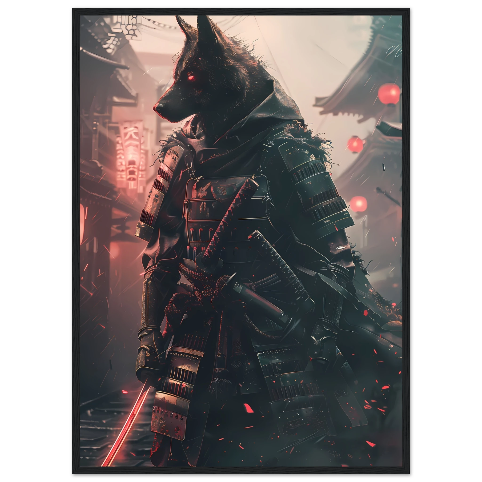 German Shepherd in neon samurai armor under glowing Tokyo lights — sci-fi pet art.